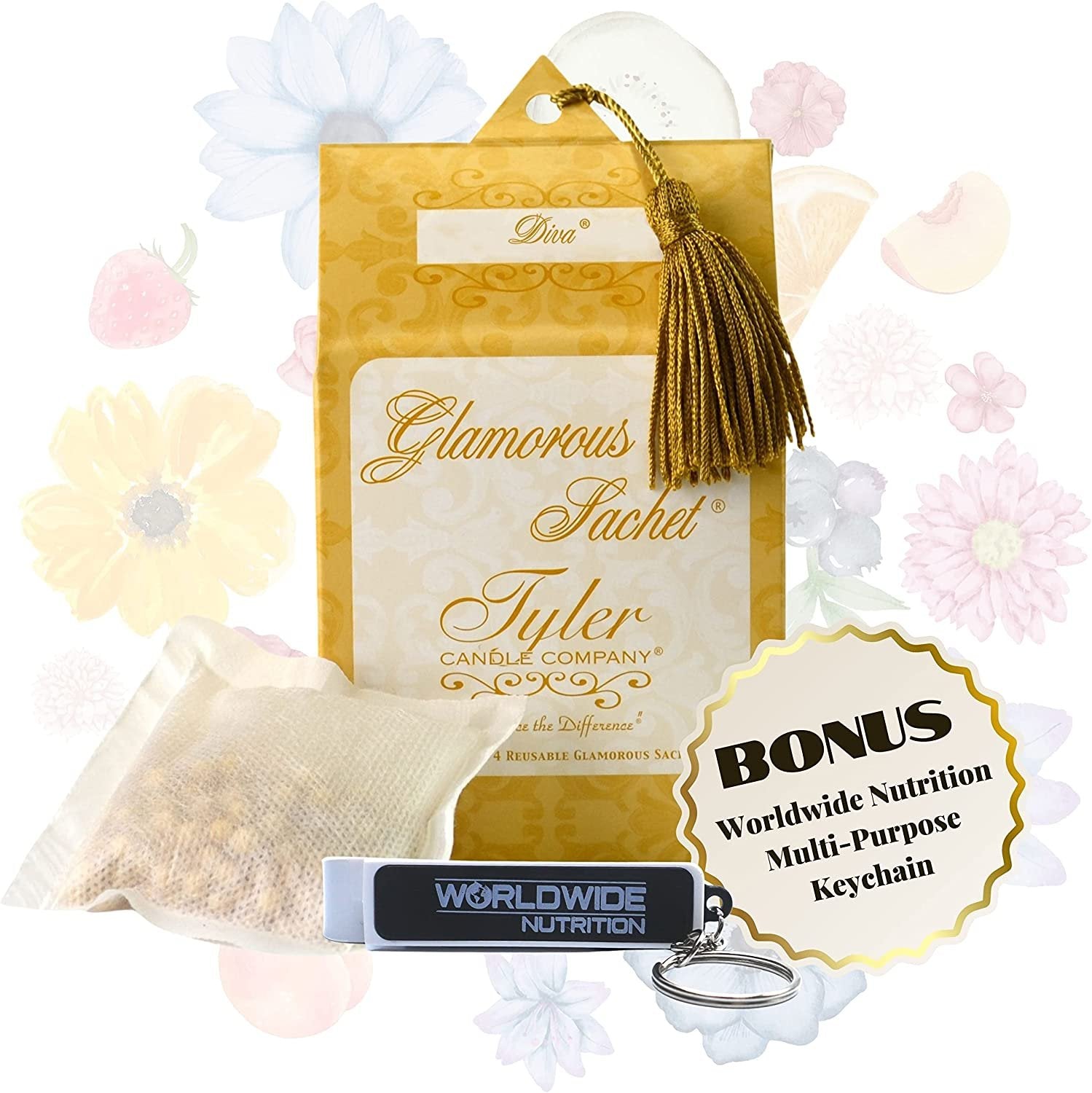 Tyler Candle Company Diva Dryer Sheet Sachets - Glamorous Reusable Dryer Sheets - Sachets for Drawers and Closets - 1 Pack, 4 Sachets, Dryer, Home, or Personal Sachet, with Bonus Key Chain