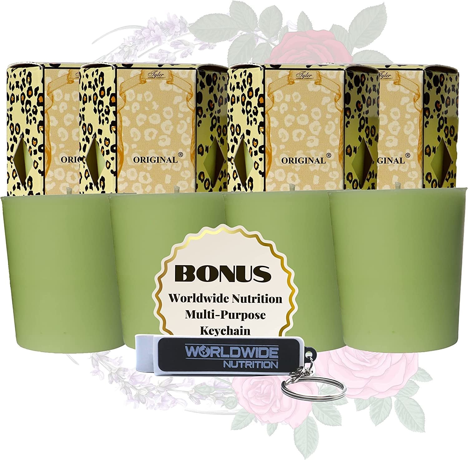 Tyler Candle Company Original Votive Candles - Luxury Scented Candle with Essential Oils - 4 Pack of 2 oz Small Candles with 15 Hour Burn Time Each - Bonus Worldwide Nutrition Multi Purpose Key Chain