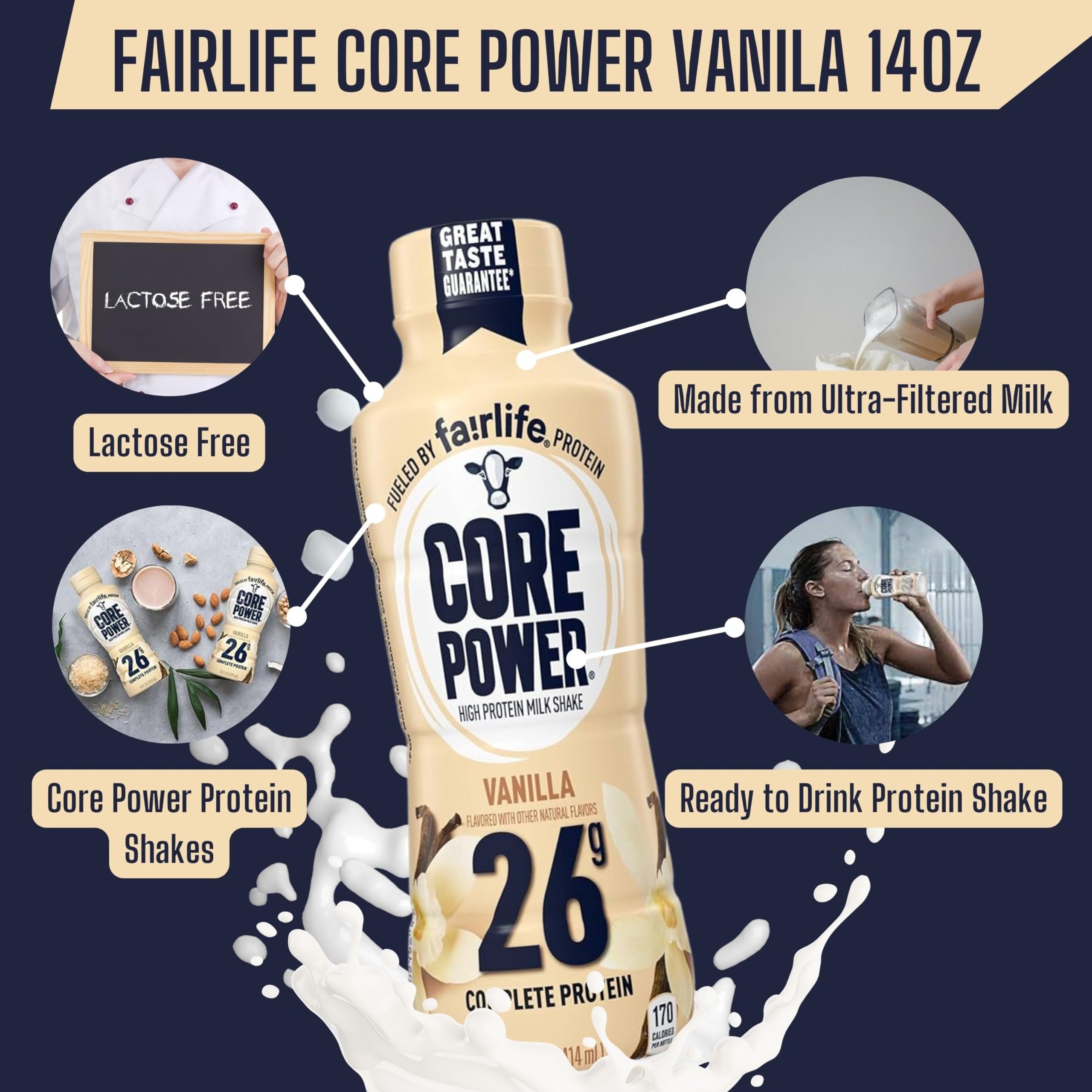 Fairlife Core Power 26g Complete Protein Vanilla Milk Shake Drink for Workout Recovery - Kosher - 14 oz (12 Pack) with Keychain
