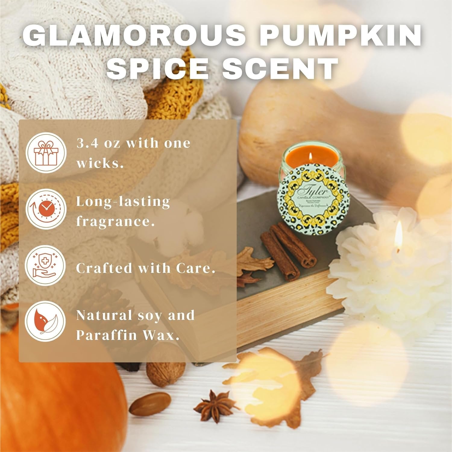 Tyler Candle Company Pumpkin Spice Scented Candle in a Glass Jar, 3.4 oz - Pack of 1 with Keychain