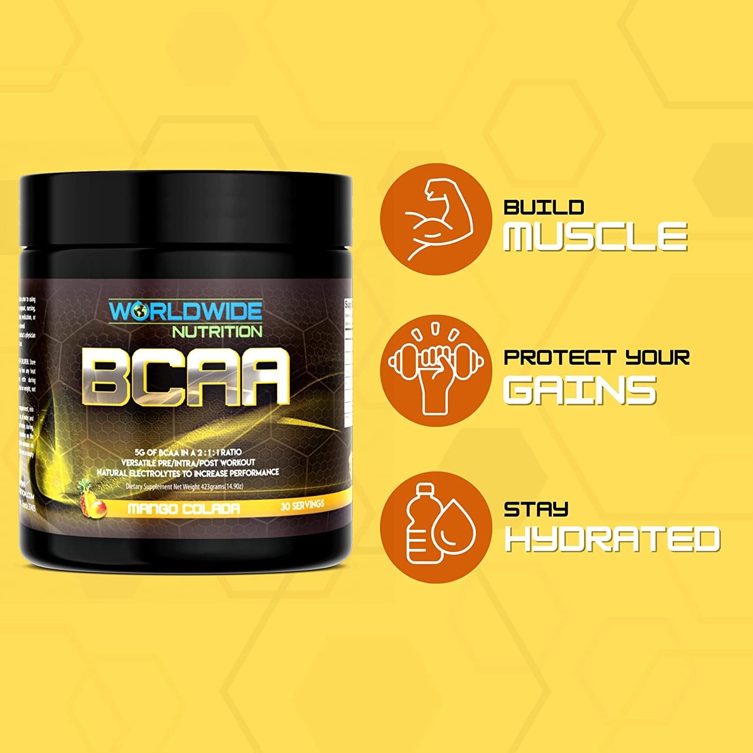 Worldwide Nutrition BCAA Powder - Branched Chain Amino Acids - Pre Intra Post Workout Supplement for Men and Women - Natural Electrolytes Powder for BCAA Energy - Mango Colada - 30 Servings