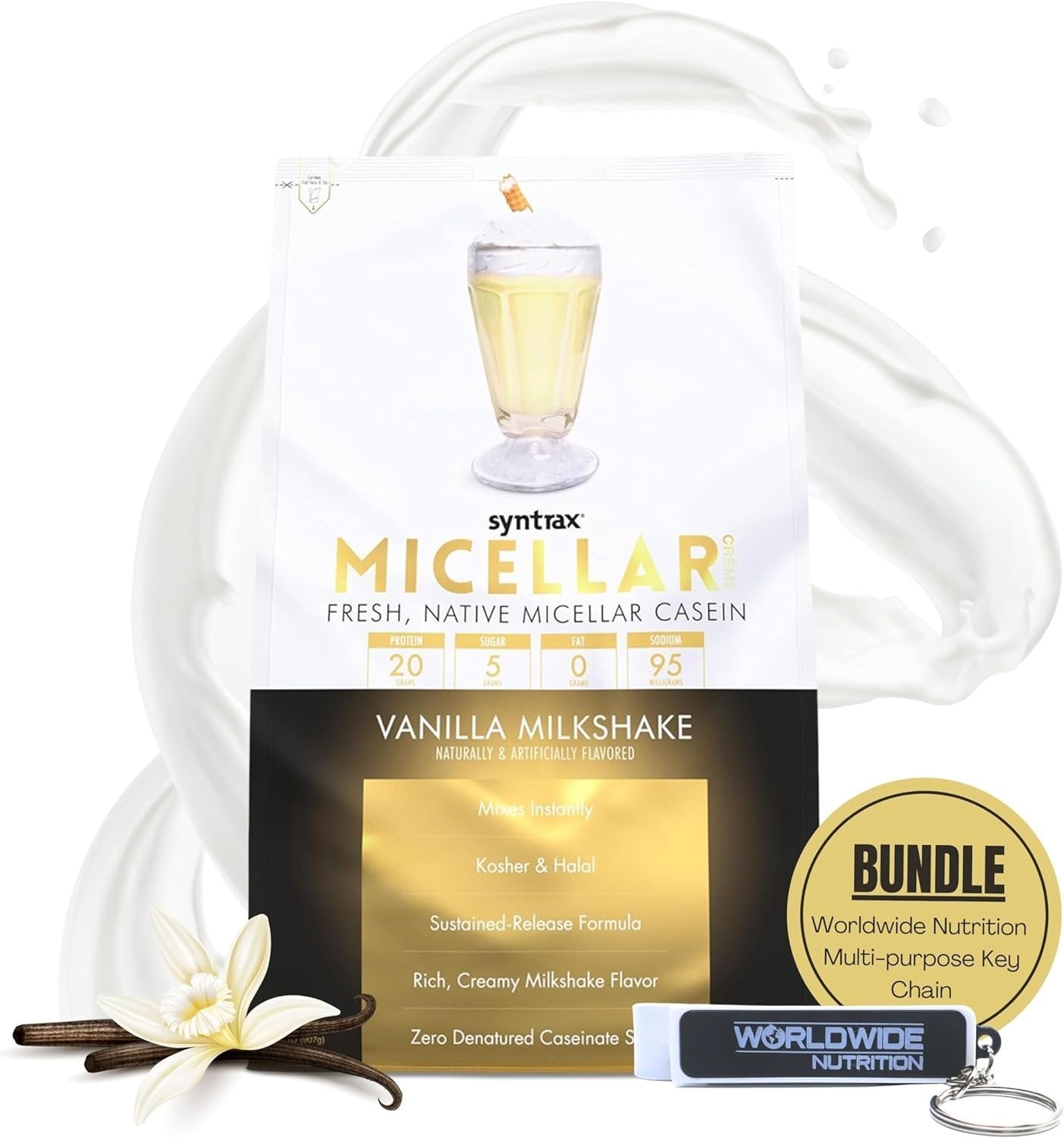 Syntrax Micellar Créme - Fresh, Native Micellar Casein Protein Powder - Kosher and Halal - Mixes Instantly - 1 Pack of 2lb with Multi-Purpose Keychain.