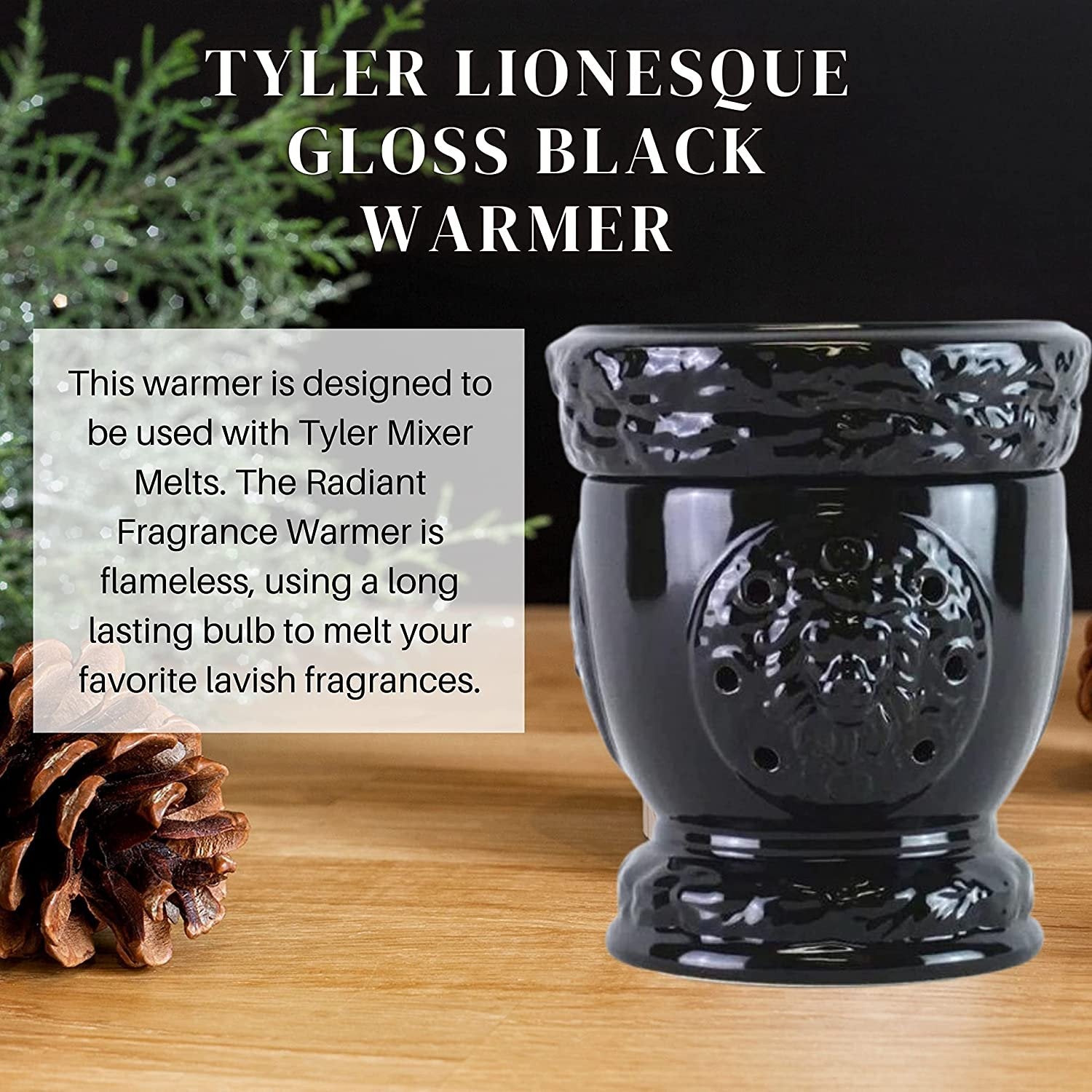 Tyler Candle Company Lionesque Gloss Black Fragrance Wax Warmer - Candle Wax Melt Warmer - Home Decor Candle Accessories with Included 6 Diva Scent Wax Melts - 5.5 x 5" in with Bonus Key Chain
