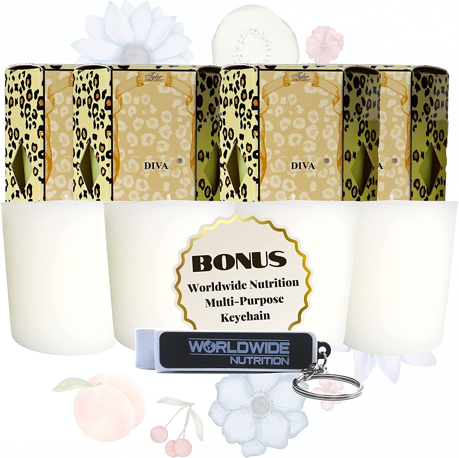 Tyler Candle Company Diva Votive Candles - Luxury Scented Candle with Essential Oils - 4 Pack of 2 oz Small Candles with 15 Hour Burn Time Each - Bonus Worldwide Nutrition Multi Purpose Key Chain