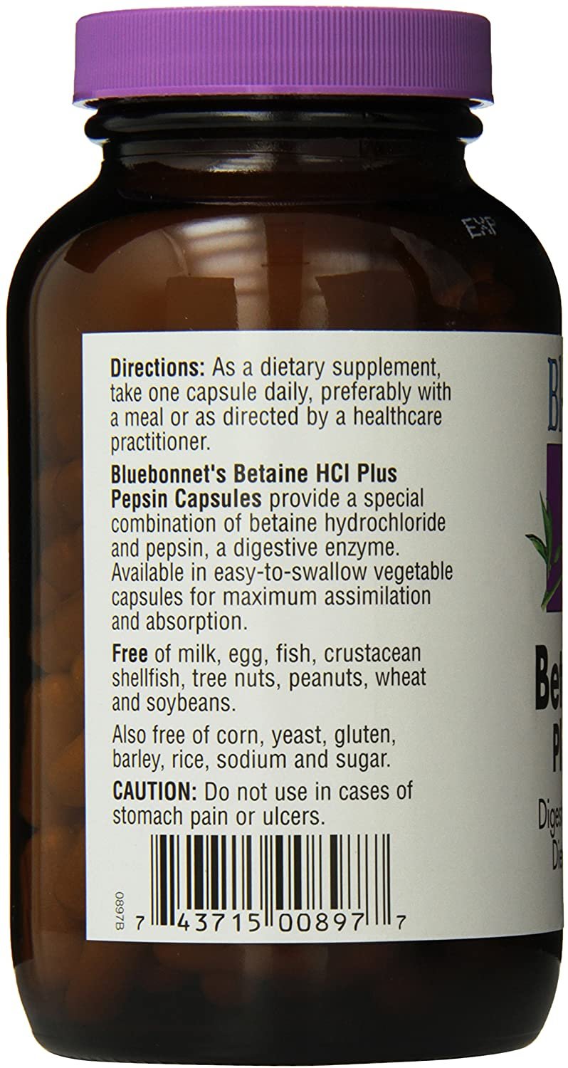 BlueBonnet Betaine HCI Plus Pepsin Vegetarian Capsules, 180 Count, White (743715008977)