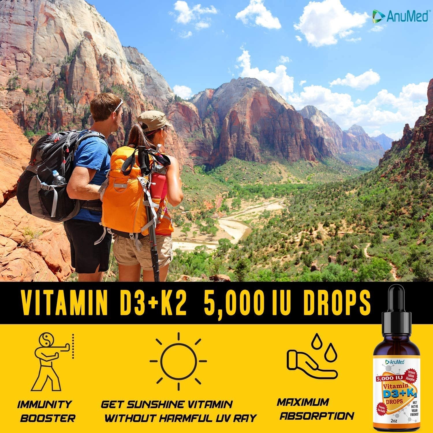Anumed International Vitamin D3+K2 Liquid Drops- 5,000 IU Increase Calcium Absorption - Promotes Bone Health - 2oz