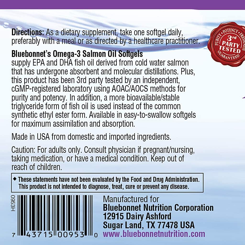 BlueBonnet Natural Omega-3 Salmon Oil Softgels, 180 Count, White