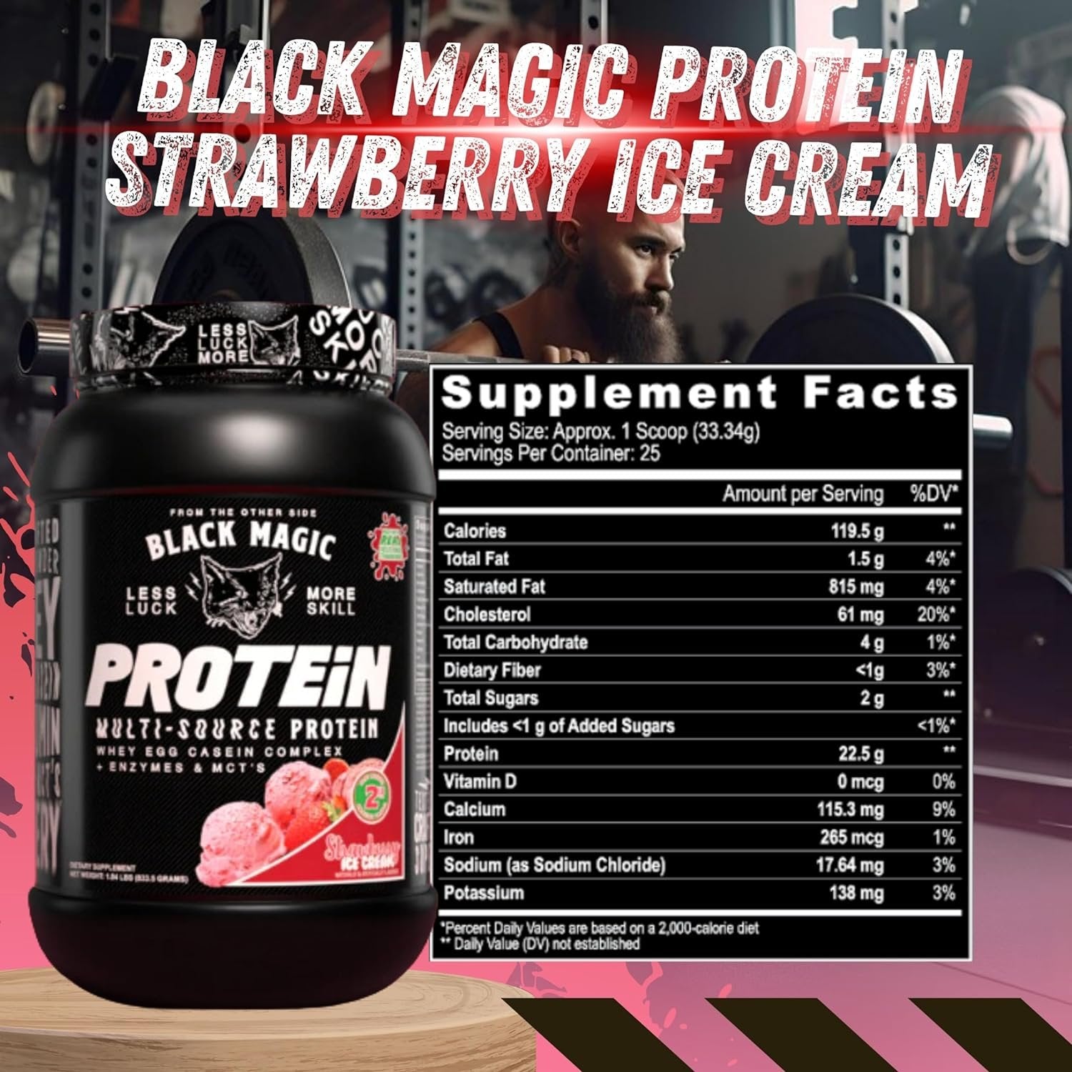 Black Magic Supply Multi- Source Protein Powder - Whey Egg Casein Complex - Enzymes & MCT's - Strawberry Ice Cream Flavor - 2 lbs