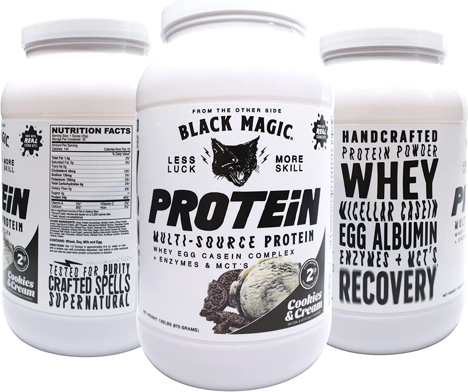 Black Magic Multi-Source Protein - Whey, Egg, and Casein Complex with Enzymes & MCT Powder - Pre Workout and Post Workout - Cookies and Cream Protein Powder - 24g Protein - 2 LB with Bonus Key Chain