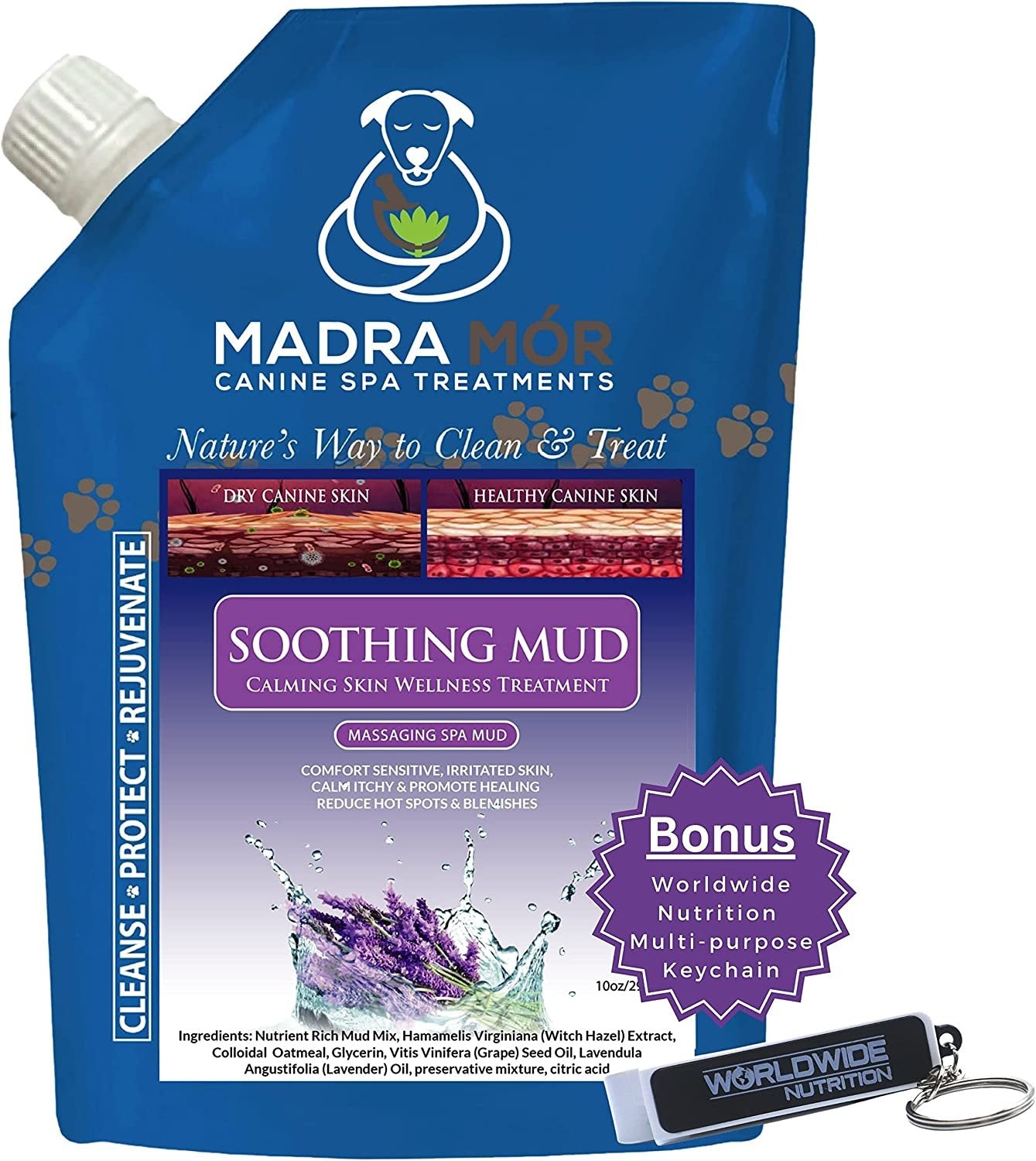 Madra Mor Massaging SPA Mud - Luxurious Dog Skin Wellness Treatment - Cleanse - Protect - Rejuvenate - Soothing Mud - 1 Pack (10oz) - with Multi-Purpose Key Chain