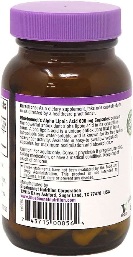 BlueBonnet Alpha Lipoic Acid Vegetarian Capsules, 600 mg, 60 Count
