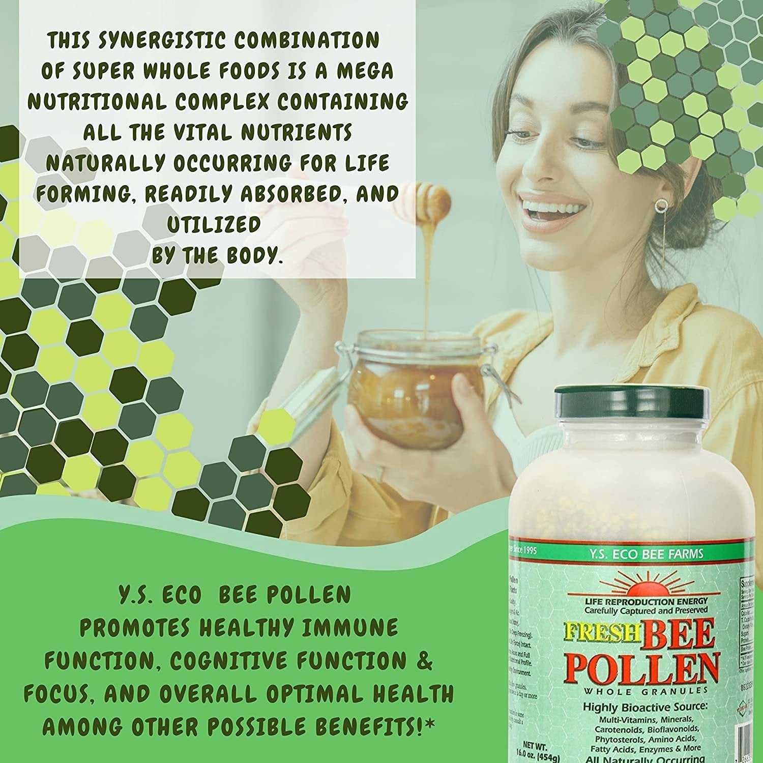 Y.S. Eco Bee Farms 100% Pure, Wild Crafted Bee Pollen Granules - Organic Bee Pollen Vitamin Supplements - Amino Acids, Organic Protein, Vitamin C, Vitamin B12 - Gluten Free - 16 oz w Bonus Key Chain