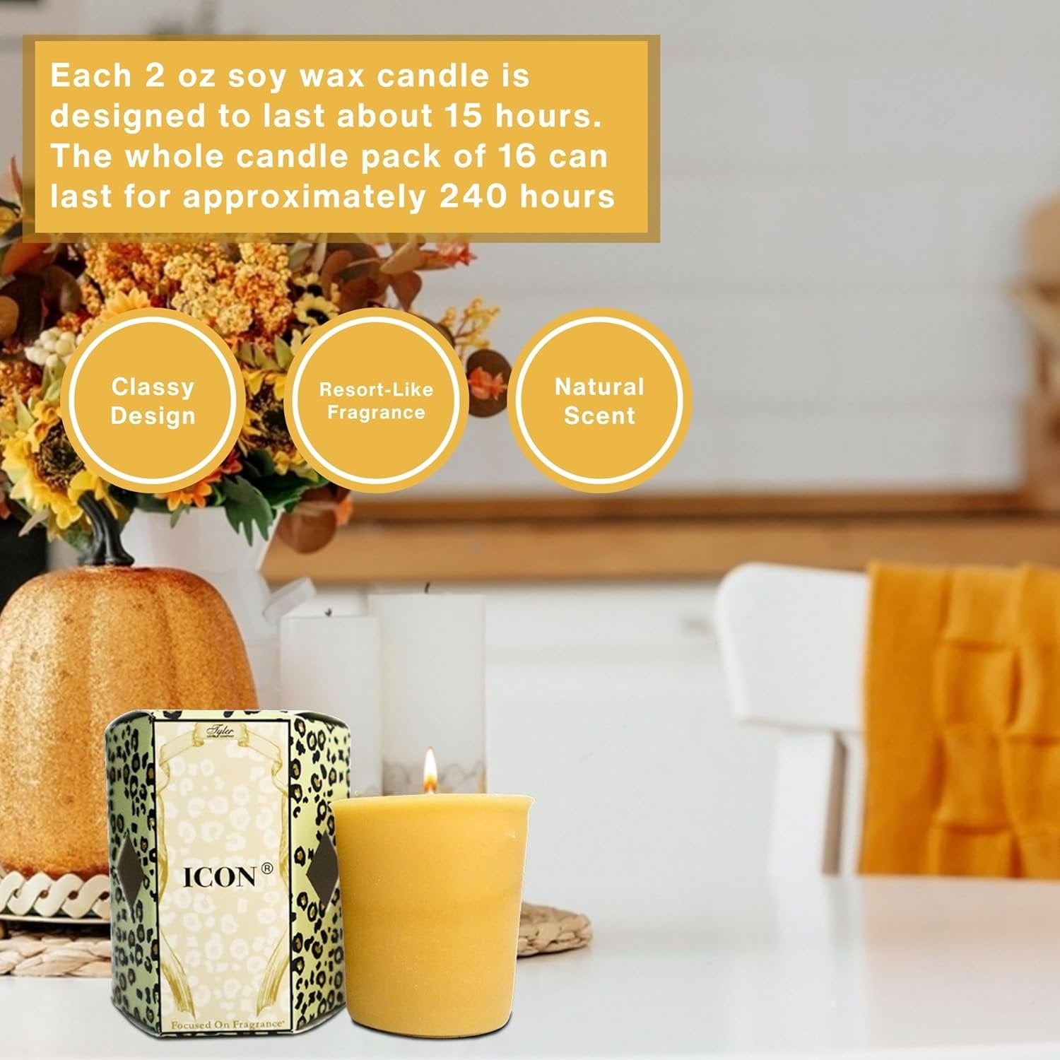 Tyler Candle Company Icon Votive Wax Scented Candles - 16 Counts of 2 oz - Burn Time up to 15hrs