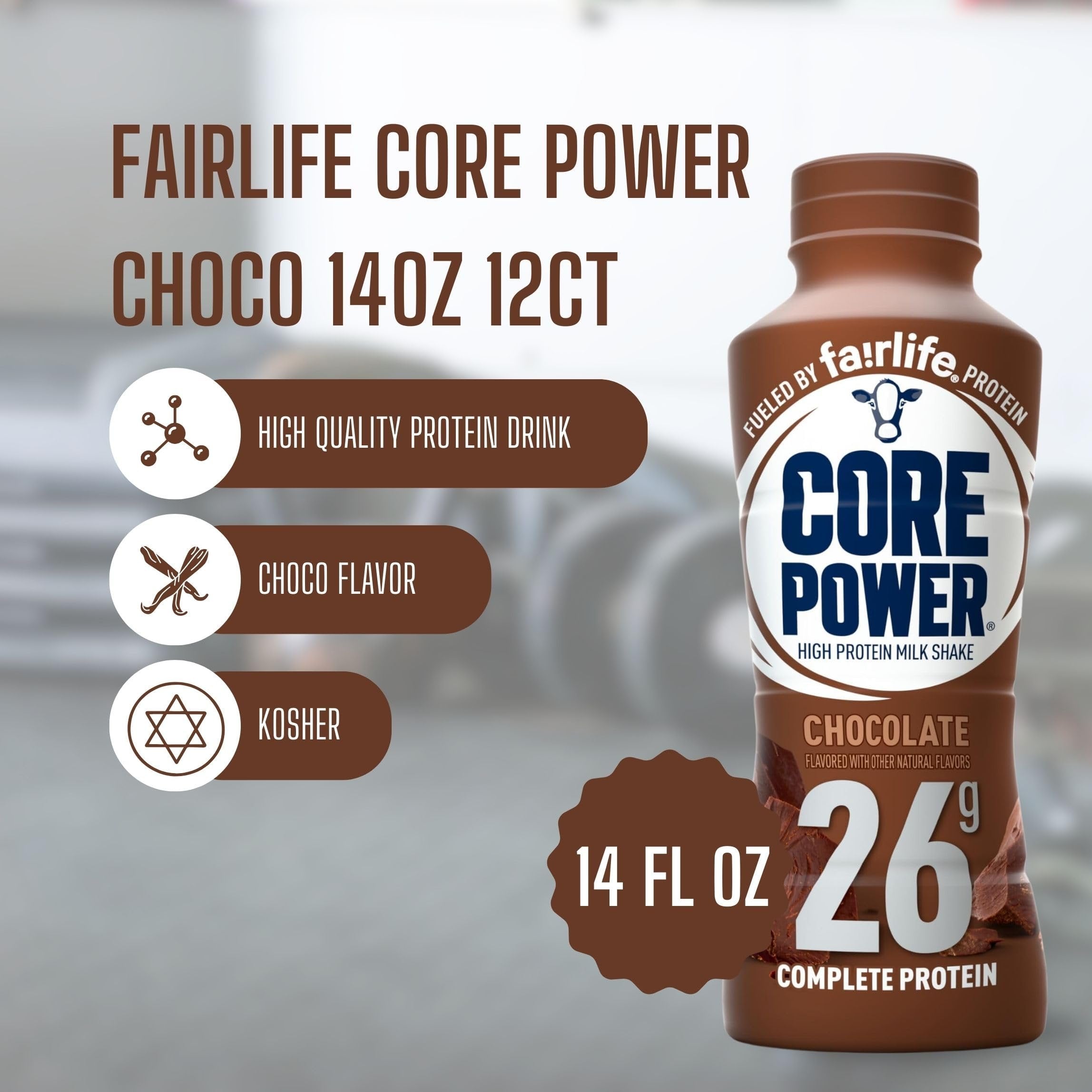 Fairlife Core Power 26g Complete Protein Chocolate Milk Shake Drink for Workout Recovery - Kosher - 14 oz (12 Pack) with Keychain