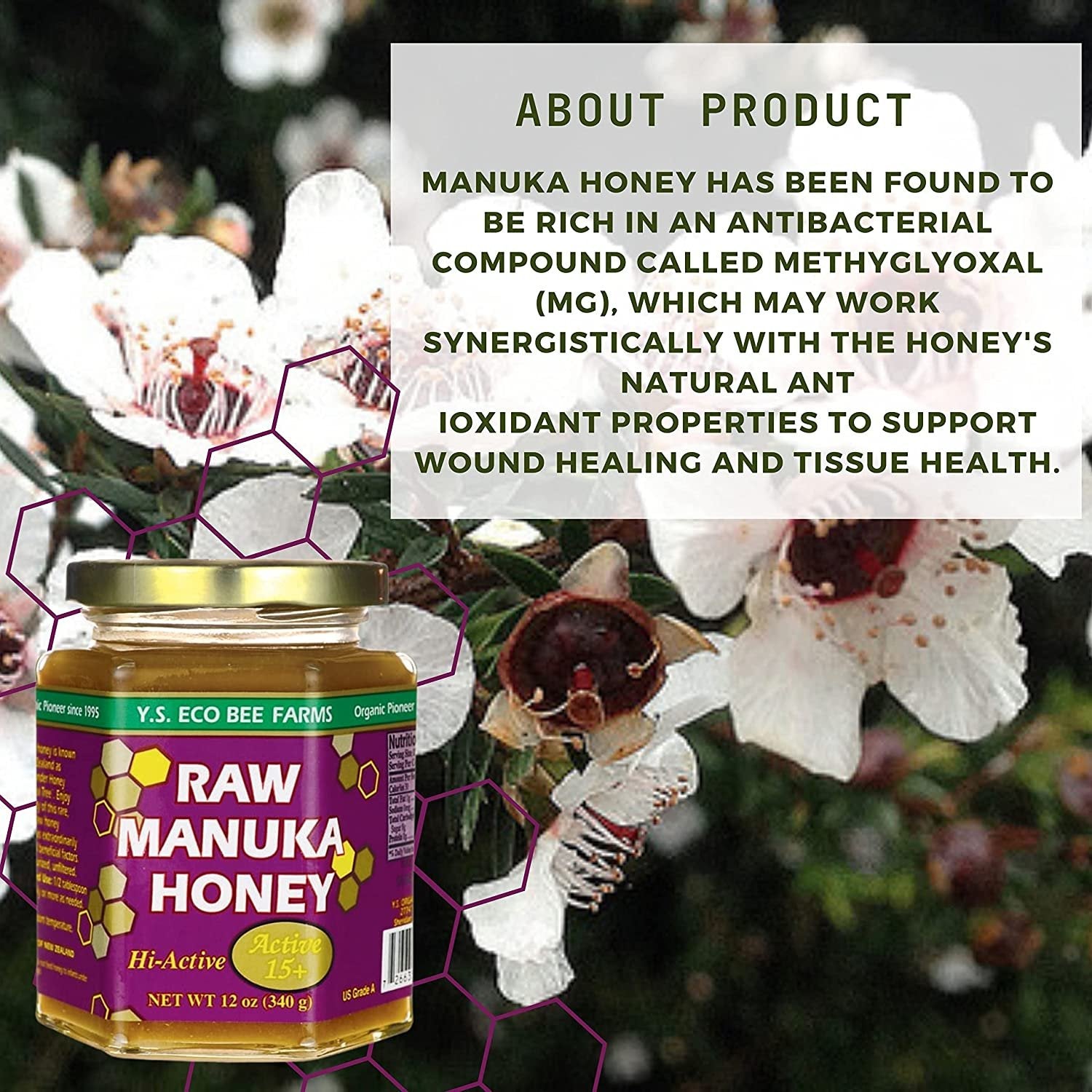 Y.S. Eco Bee Farms, 100% Certified Raw Manuka Honey, Hi-Active 15plus, Unpasteurized, Unfiltered, Exotic, Raw, Kosher, Gluten Free, Wonder Honey Of The Tea Tree", 12 Oz, 2 Jars with Bonus Key Chain