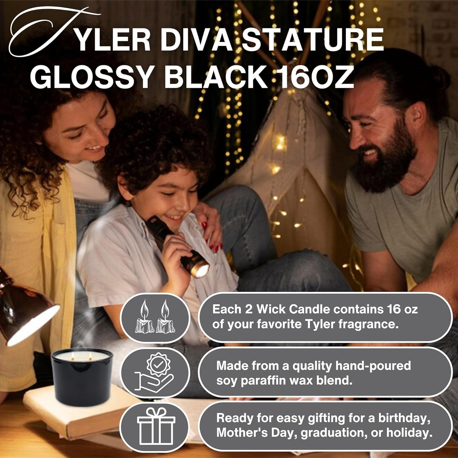 Tyler Candle Company Stature Diva Scented Candle - Glossy Black Jar - 16 oz - Burn Time up to 75hrs