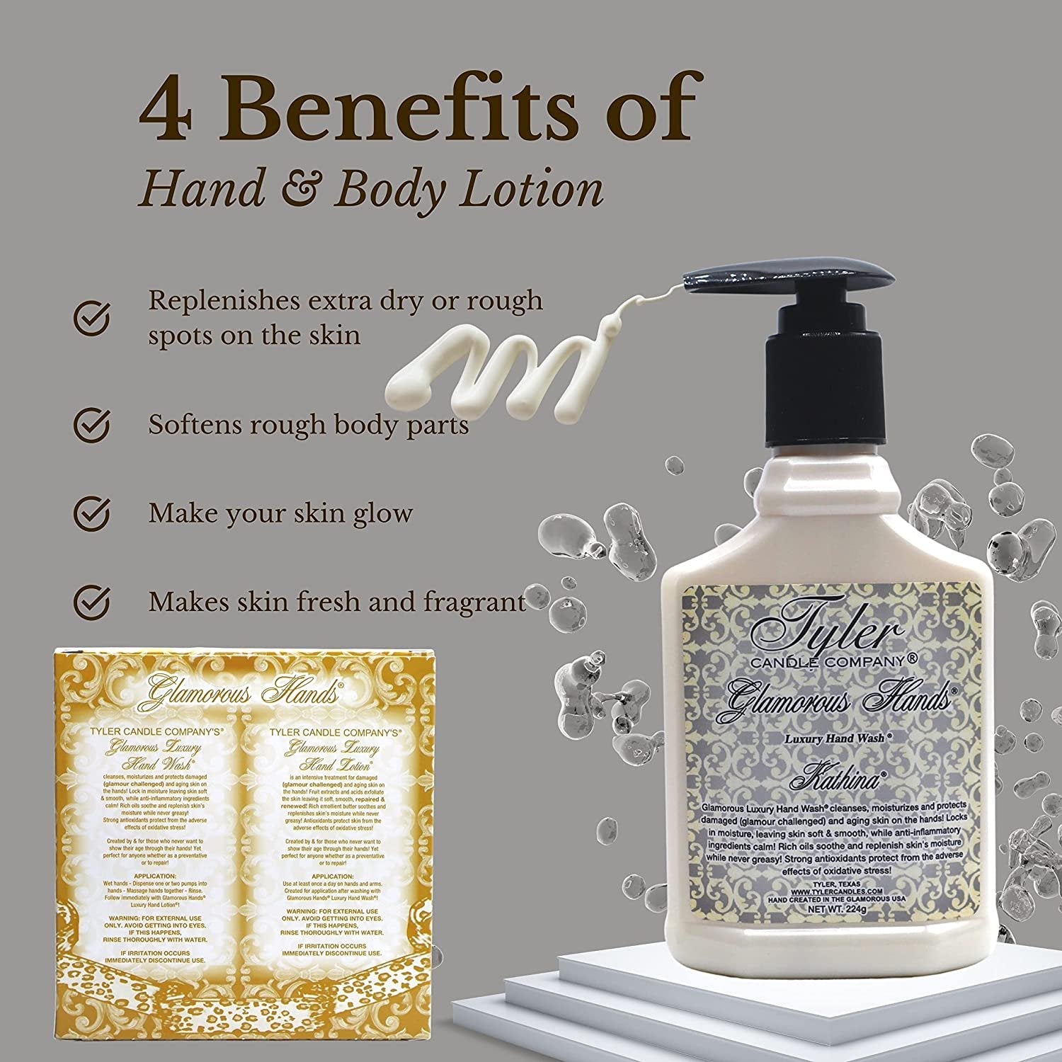 Worldwide Nutrition Tyler Candle Company Kathina Glamorous Hand Wash and Hand Lotion Gift Set - Pack of 2, 8 Oz Scented Hand Cream Pump Bottles for Luxury Skin Care (Kathina) with Bonus Keychain