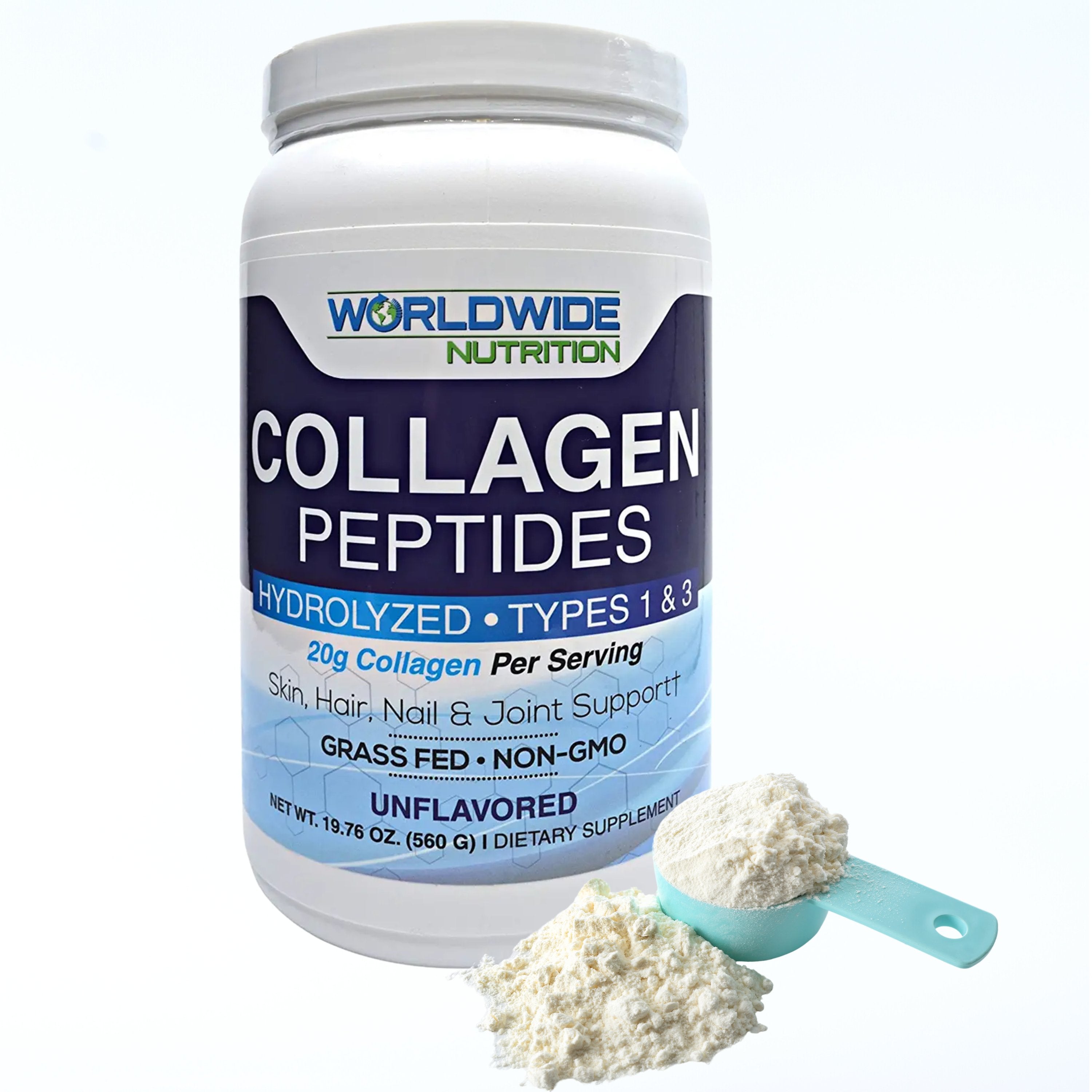 Worldwide Nutrition Collagen Peptides - Hydrolyzed Collagen 1 and 3 - Skin, Hair, Nail, and Joint Support - Grass Fed, Gluten Free, Non GMO, and Keto Collagen - Odorless Unflavored Collagen - 28 Serv.