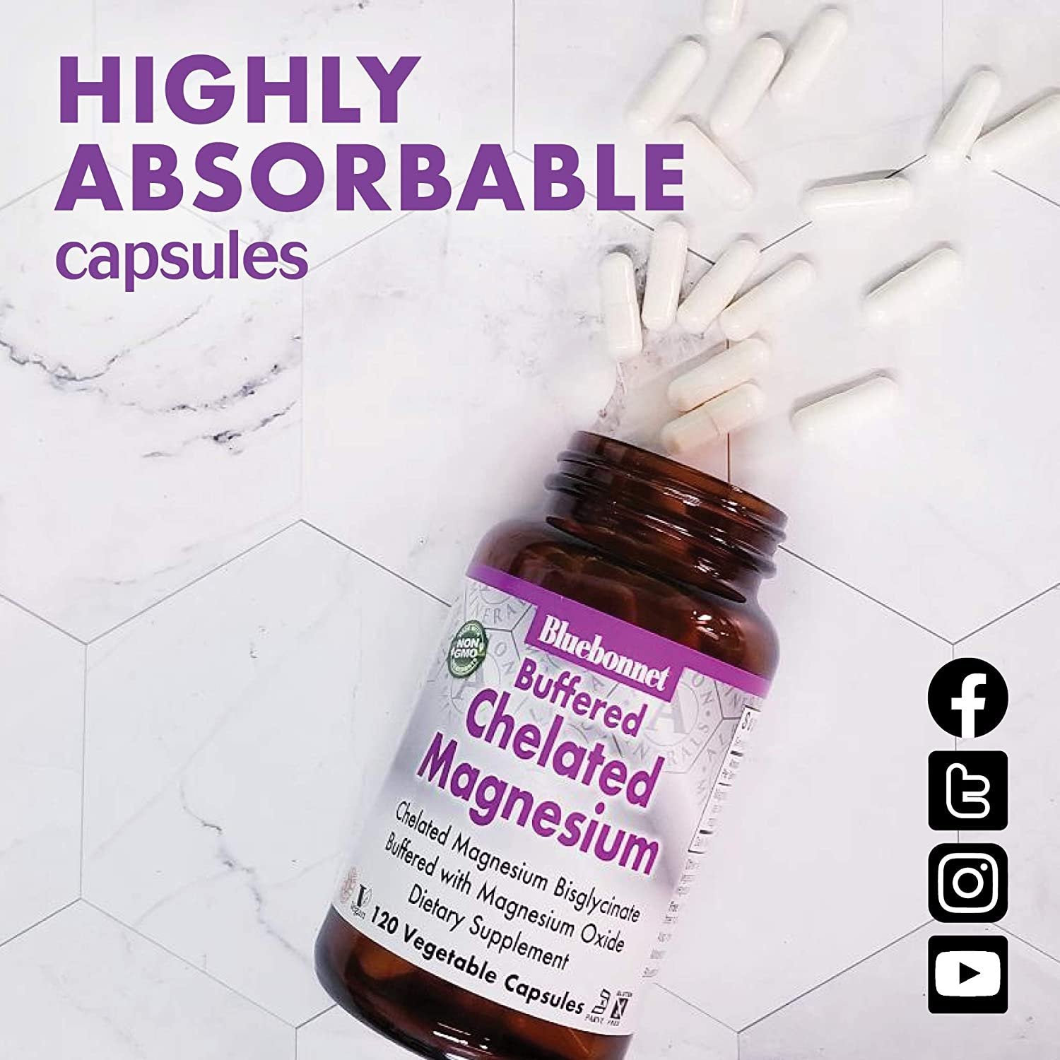 Bluebonnet Nutrition Albion Buffered Chelated Magnesium 200 mg, Magnesium Oxide, Stress Relief, Vegan, Non GMO, Gluten Free, Soy Free, Milk Free, Kosher, 120 Vegetable Capsules, 2 Month Supply