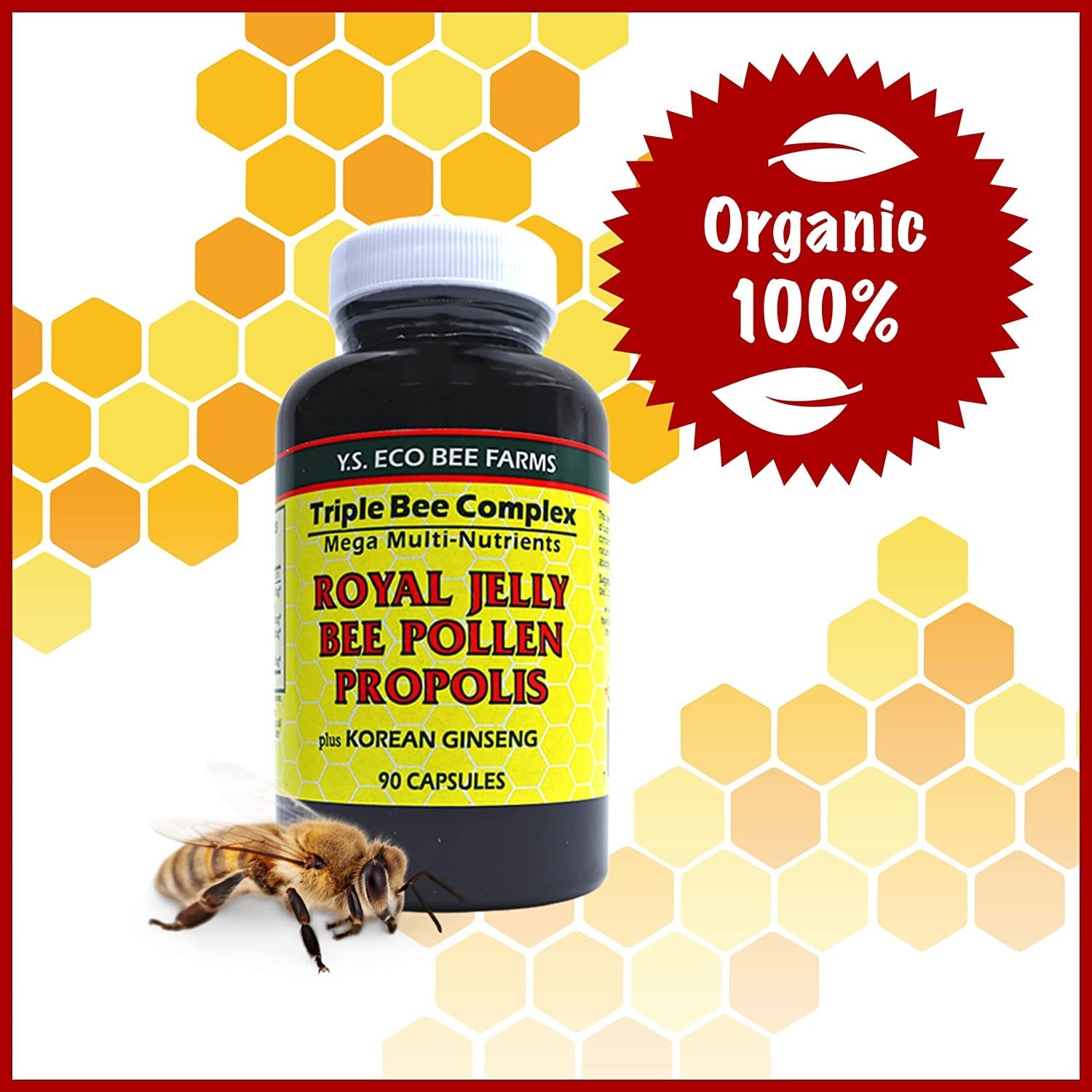 Y.S. Eco Bee Farms Triple Bee Complex Royal Jelly Bee Pollen Propolis Plus Korean Ginseng - Health and Wellness Organic Bee Pollen Supplement - 90 Ct with Worldwide Nutrition Multi Purpose Key Chain