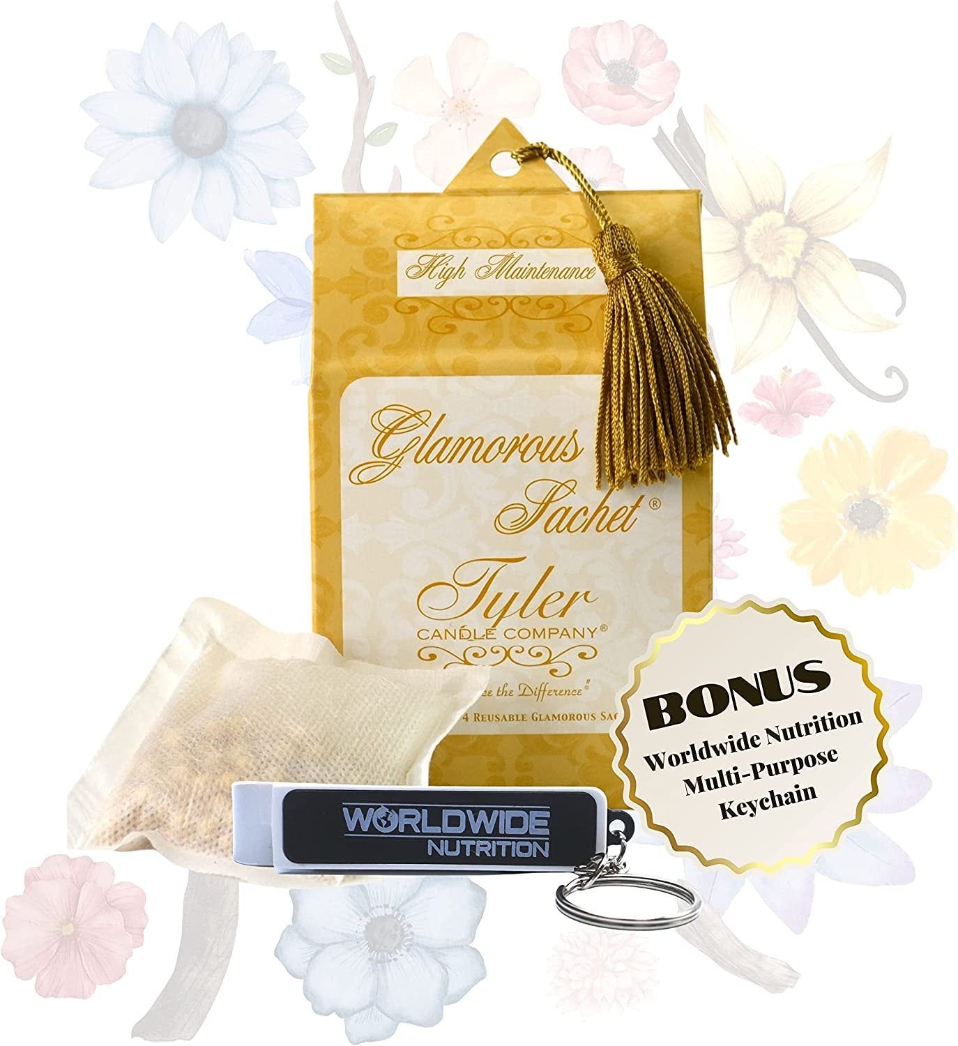 Tyler Candle Company High Maintenance Dryer Sheet Sachets - Glamorous Reusable Dryer Sheets - Sachets for Drawers and Closets - 1 Pack, 4 Sachets, Dryer, Home, or Personal Sachet, with Bonus Key Chain