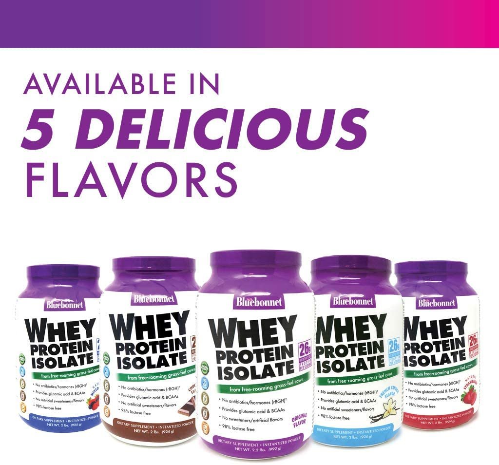 Bluebonnet Nutrition Whey Protein Isolate Powder, Whey From Grass Fed Cows, 26g of Protein, No Sugar Added, Non GMO, Gluten Free, Soy free, kosher Dairy, 2 Lbs, 28 Servings, Strawberry Flavor
