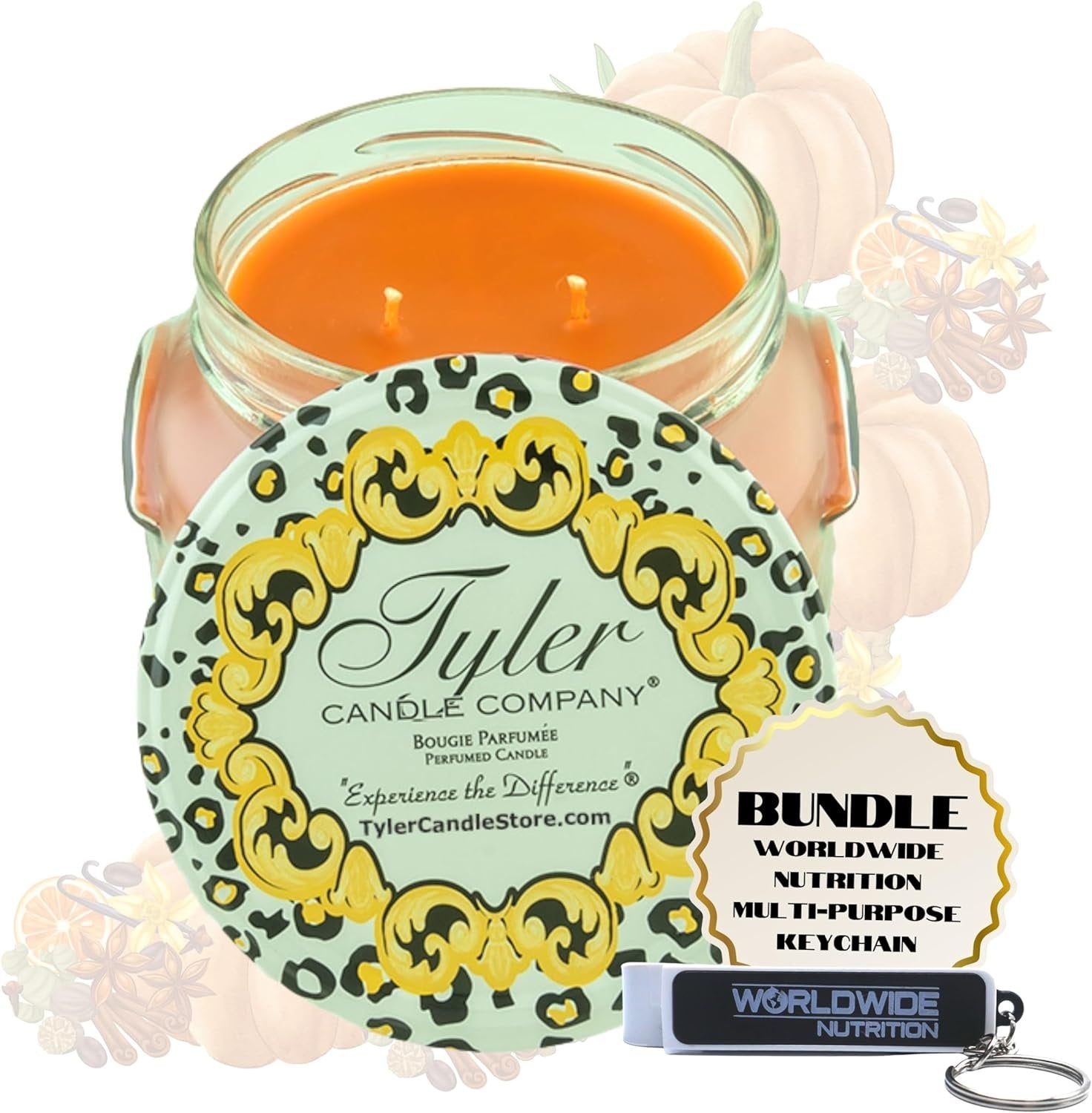 Tyler Candle Company Orange Pumpkin Spice Wax Scented Candles in Glass Jar,11oz - Halloween Candles - - Pack of 1 with Keychain
