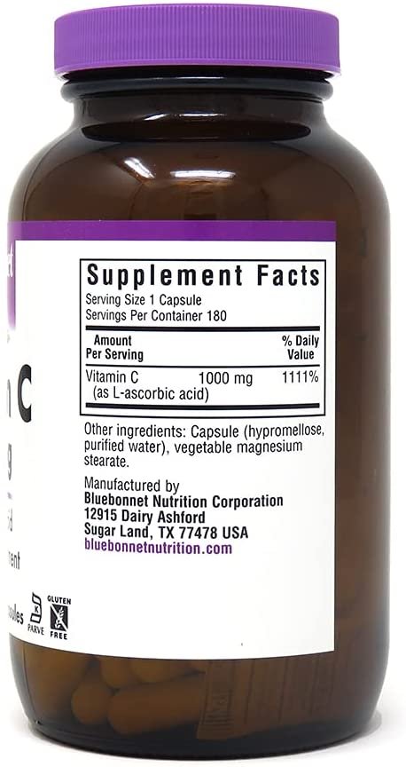 Bluebonnet Nutrition Vitamin C 1000 Mg Vegetable Capsules, Ascorbic Acid, for Immune Skin Health, Vegan, Vegetarian, Non GMO, Gluten, Soy & Milk Free, Kosher, 180 Count