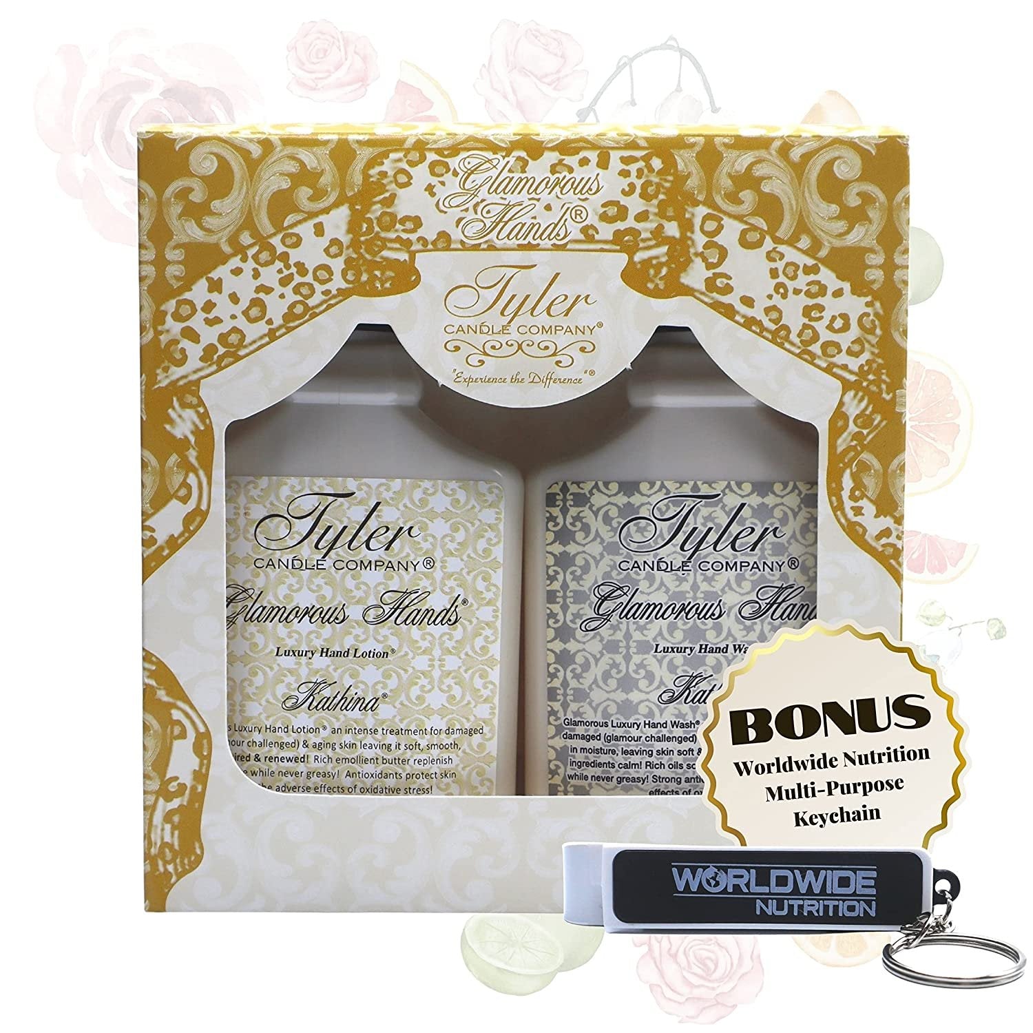 Worldwide Nutrition Tyler Candle Company Kathina Glamorous Hand Wash and Hand Lotion Gift Set - Pack of 2, 8 Oz Scented Hand Cream Pump Bottles for Luxury Skin Care (Kathina) with Bonus Keychain