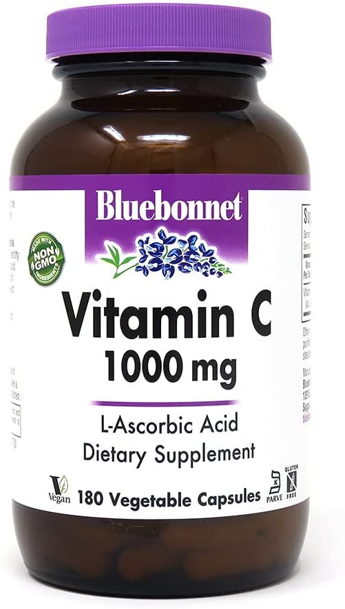 Bluebonnet Nutrition Vitamin C 1000 Mg Vegetable Capsules, Ascorbic Acid, for Immune Skin Health, Vegan, Vegetarian, Non GMO, Gluten, Soy & Milk Free, Kosher, 180 Count