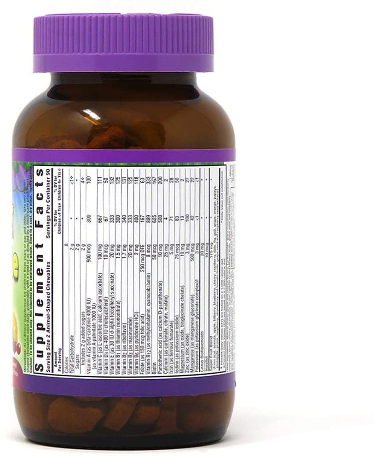 Bluebonnet Nutrition Rainforest Animalz Whole Food Based Multiple Chewable Tablet, Kids Multivitamin & Mineral, Vitamin C, D3, Iron, Gluten Free, Milk Free, Kosher, 180 Chewable Tablets, Mixed Flavor