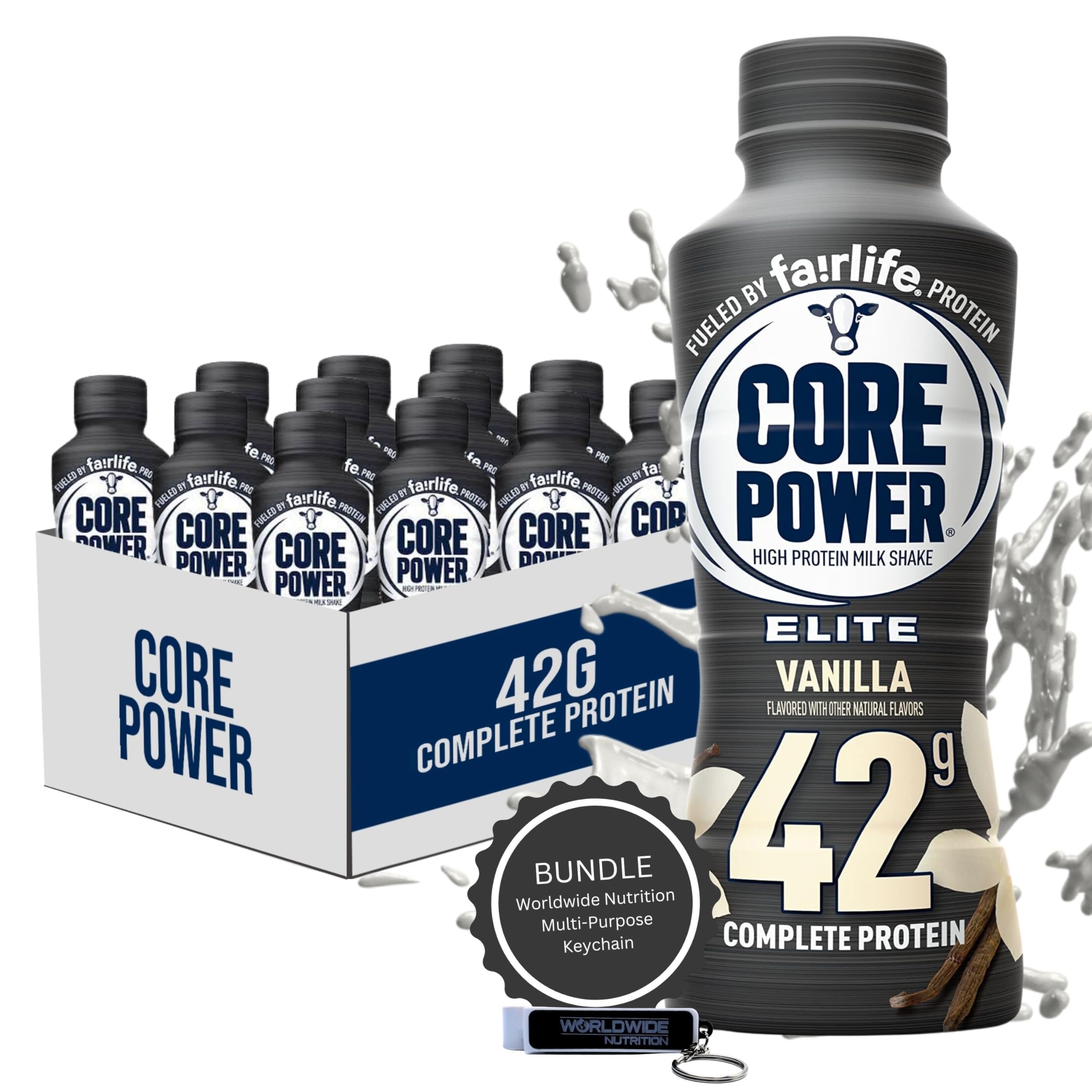 Fairlife Core Power 42g Complete Protein Elite Vanilla Milk Shake Drink for Workout Recovery - Kosher - 14 oz (12 Pack) with Keychain