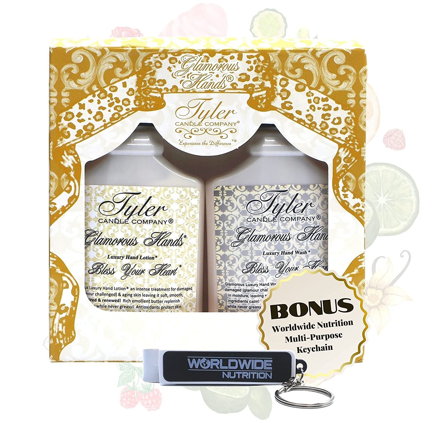 Tyler Candle Company Bless Your Heart Glamorous Hand Wash and Hand Lotion Gift Set - Pack of 2 8 Oz Tyler Bless Your Heart Scented Hand Cream Pump Bottles for Luxury Skin Care with Bonus Keychain