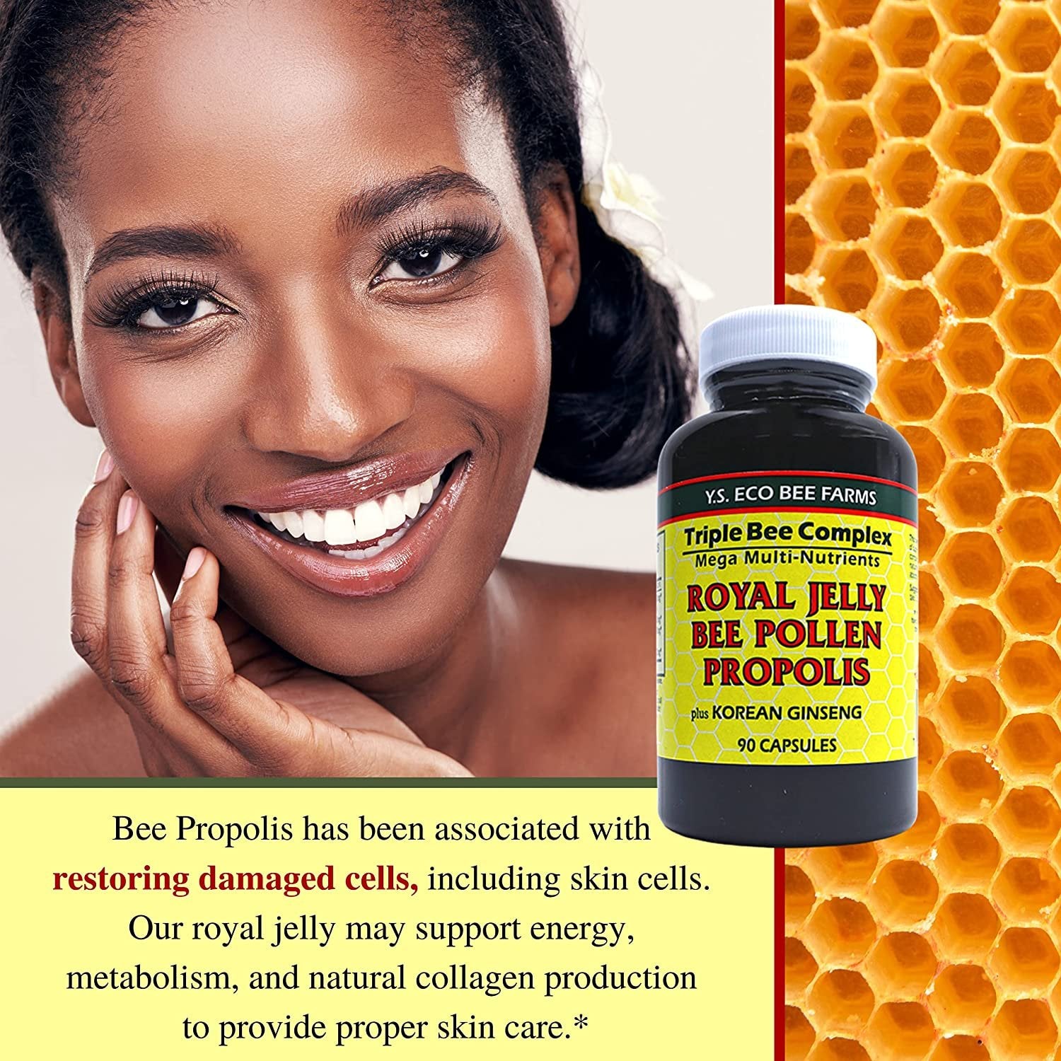 Y.S. Eco Bee Farms Triple Bee Complex Royal Jelly Bee Pollen Propolis Plus Korean Ginseng - Health and Wellness Organic Bee Pollen Supplement - 90 Ct with Worldwide Nutrition Multi Purpose Key Chain