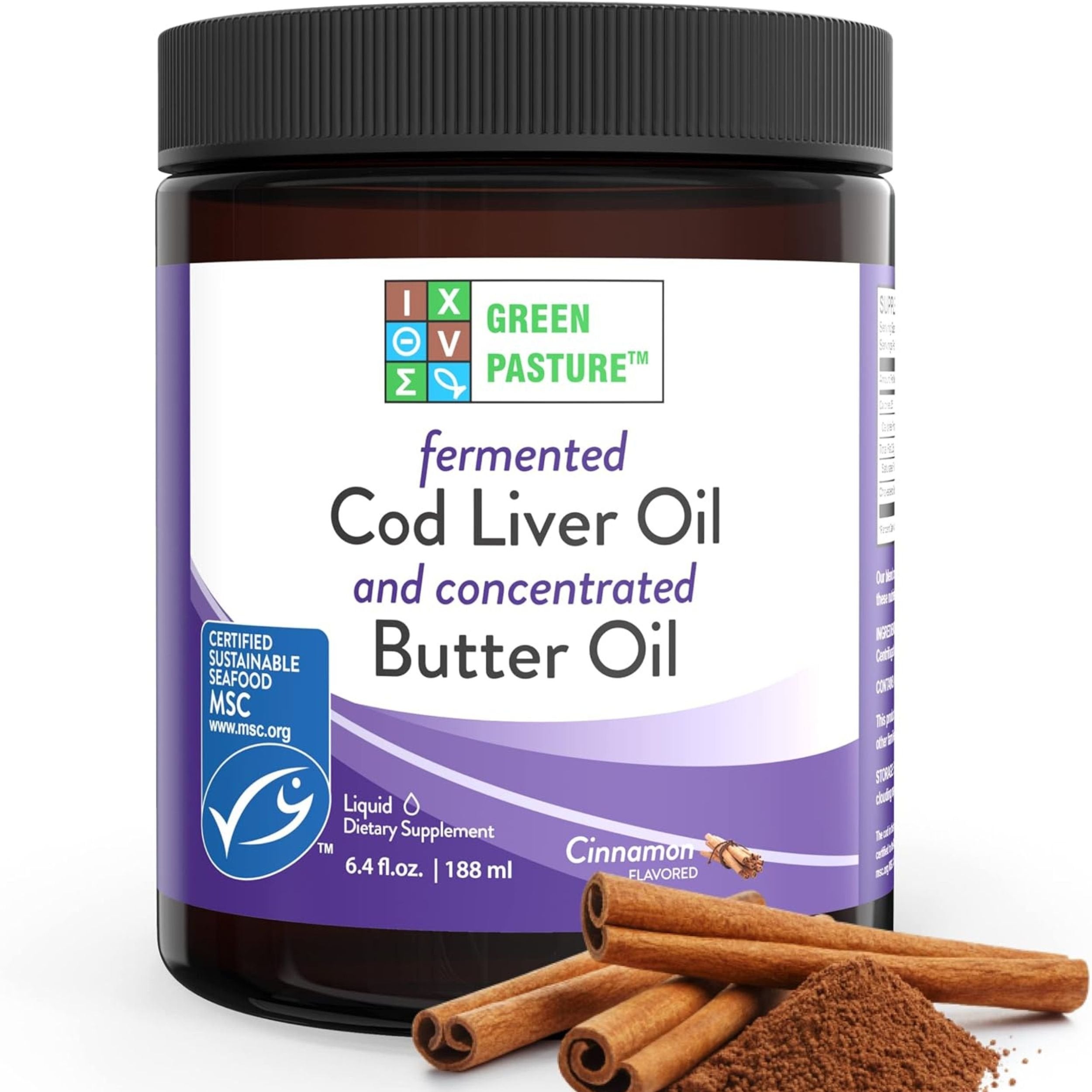 Green Pasture Fermented Cod Liver Oil and Concentrated Butter Oil - Cinnamon- Omega Fatty Acids - MSC Certified - Vitamins A & D
