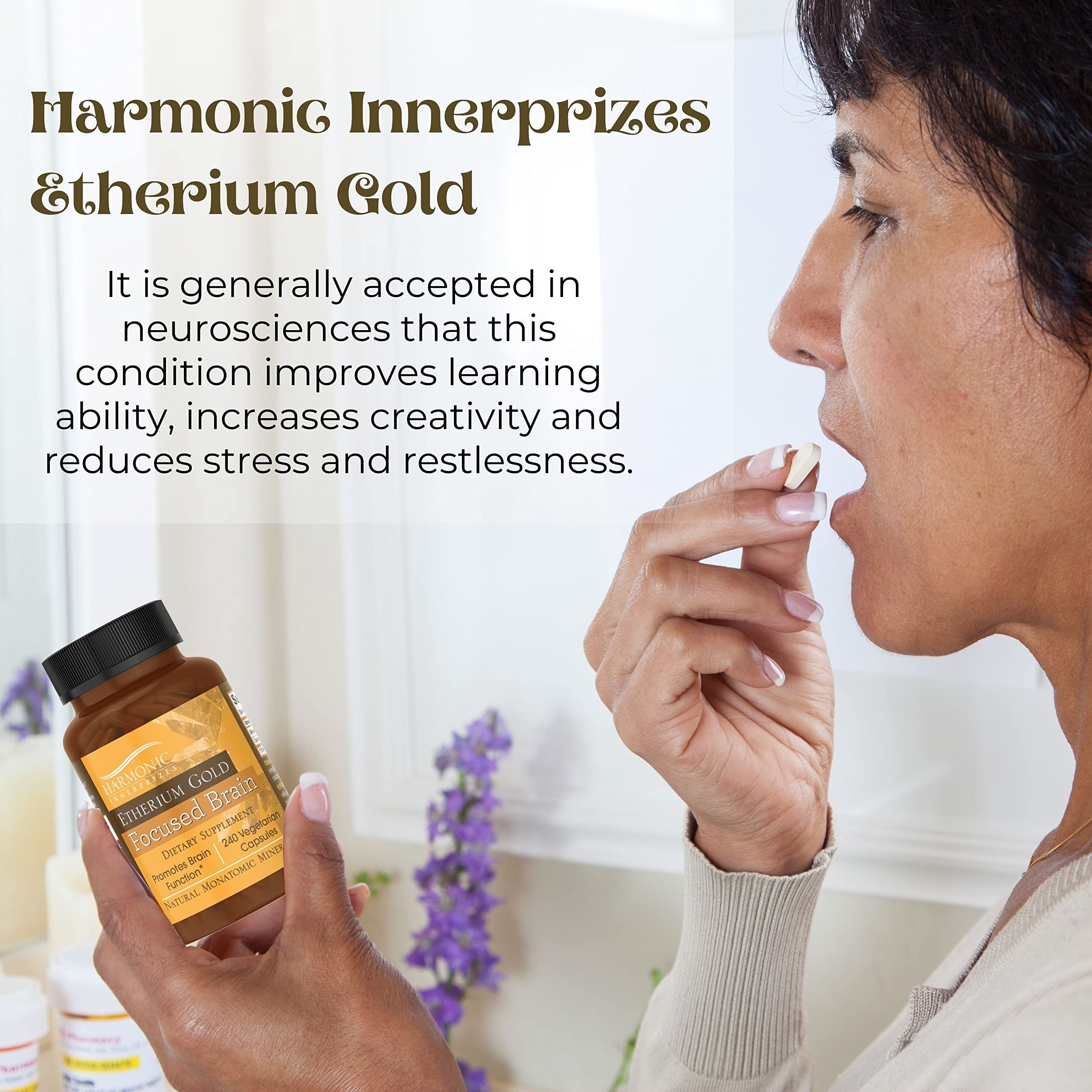 Harmonic Innerprizes Etherium Gold Focused Brain Dietary Supplement - 240 Count Veggie Capsules - Focus, Mood, Brain & Memory Support Supplement with Natural Monatomic Gold Capsules w Bonus Key Chain