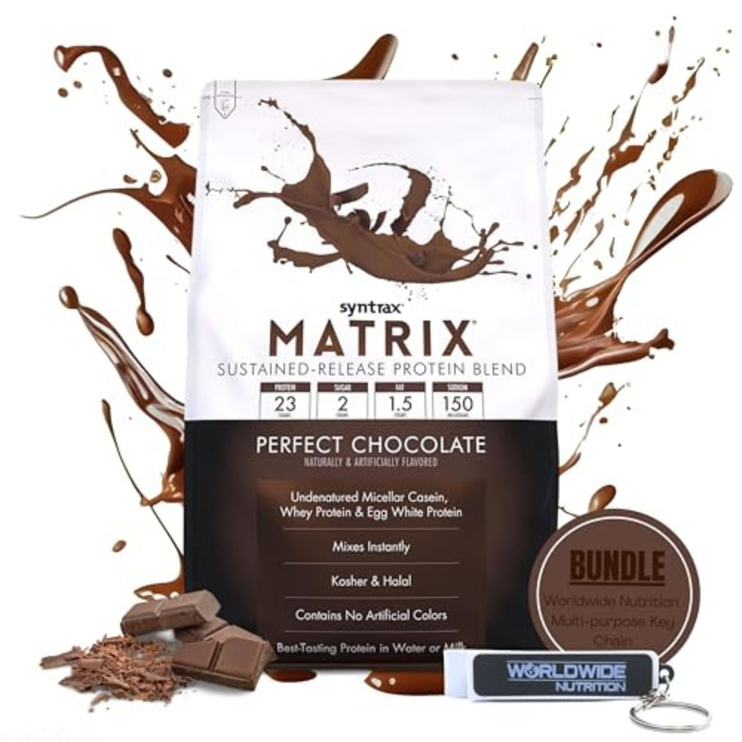 Syntrax Bundle: Matrix Perfect Chocolate Whey Casein Blend Protein Powder - Instant Mix High Protein Powder 5lb Kosher and Halal Whey Protein with Worldwide Nutrition Keychain