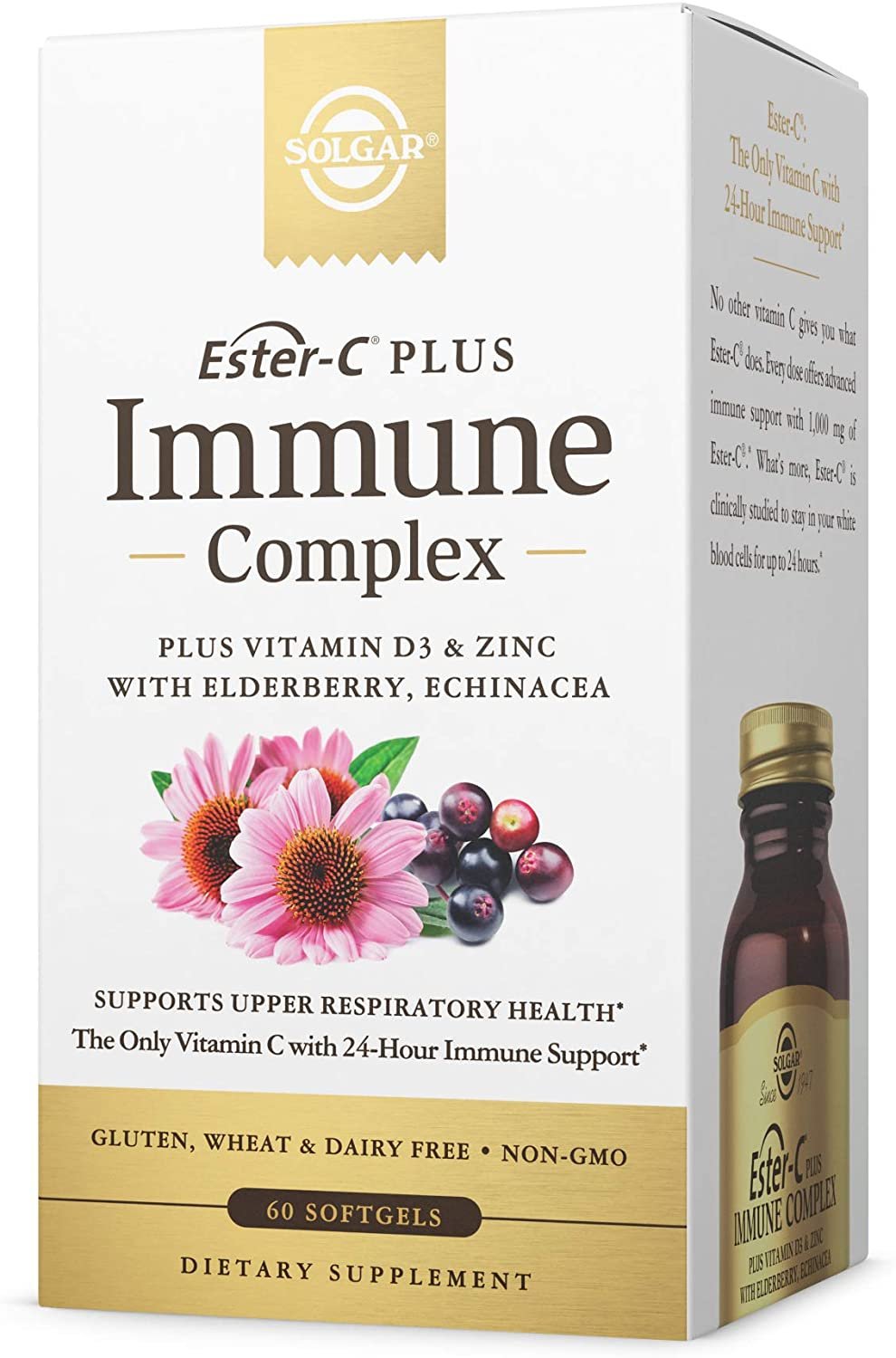 Solgar Ester-C Plus Immune Complex, 60 Softgels - 24-Hour Immune Support - Supports Upper Respiratory Health - Plus D3, Zinc, Elderberry & Echinacea - Non-GMO, Gluten Free, Dairy Free - 30 Servings