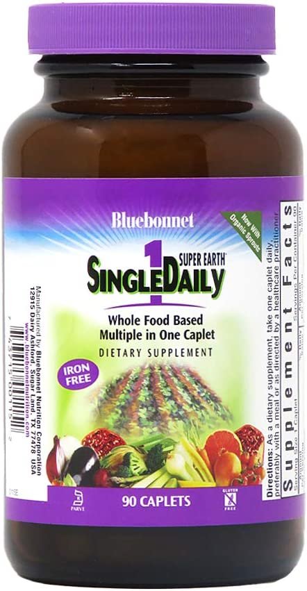 Bluebonnet Super Earth Single Daily Multi-Nutrient Formula Iron Free Caplets, Green, 90 Count