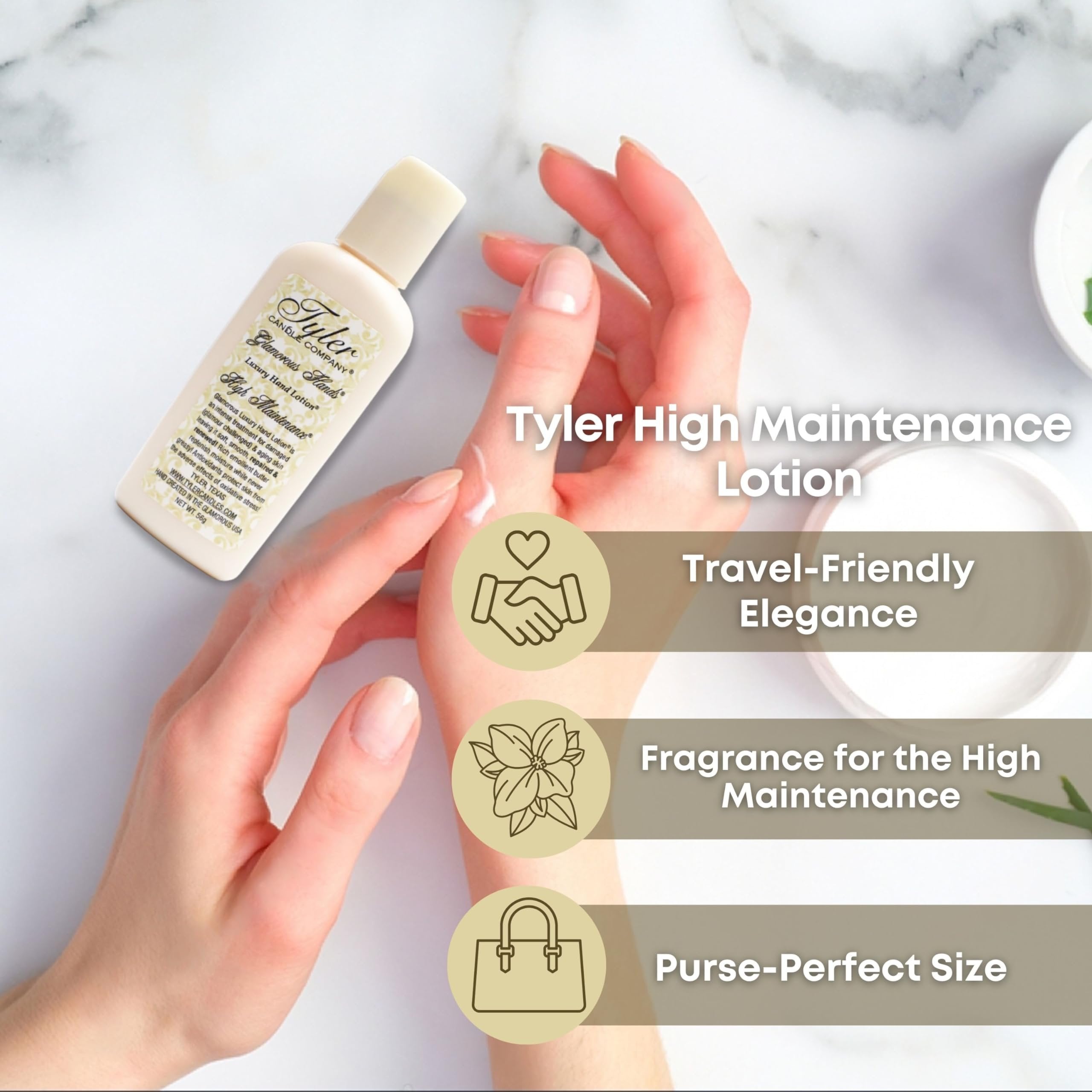 Tyler Candle Company High Maintenance Scent Glamorous Hand Lotion - For Damaged and Aging Skin - 2oz (56g) with Keychain