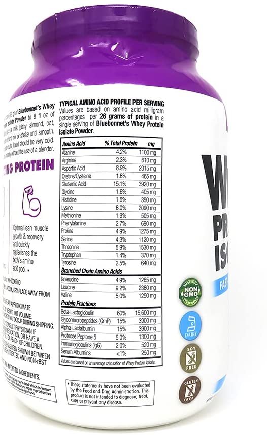 BlueBonnet Nutrition Whey Protein Isolate Powder From Grass Fed Cows, 26g of Protein, No Sugar Added, Non GMO, Gluten & Soy free, kosher Dairy, 2 Lbs, 28 Servings, French Vanilla Flavor