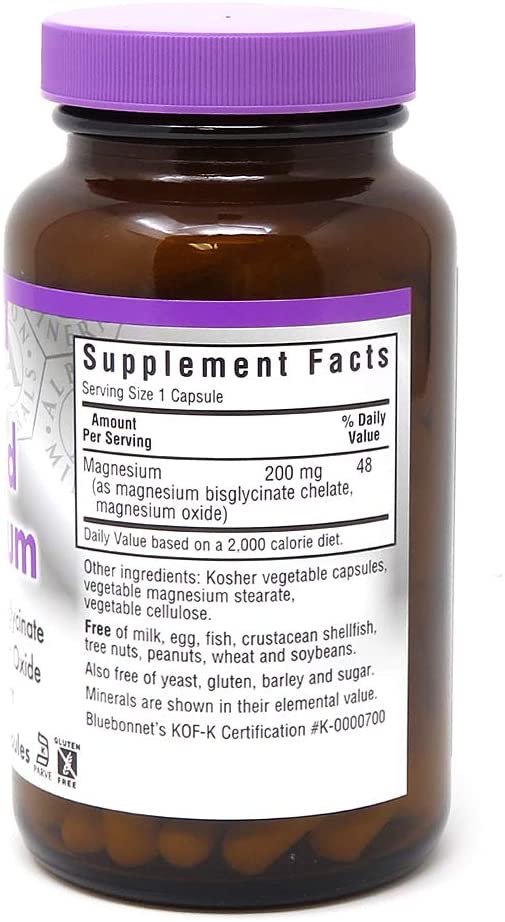 Bluebonnet Nutrition Albion Buffered Chelated Magnesium 200 mg, Magnesium Oxide, Stress Relief, Vegan, Non GMO, Gluten Free, Soy Free, Milk Free, Kosher, 120 Vegetable Capsules, 2 Month Supply