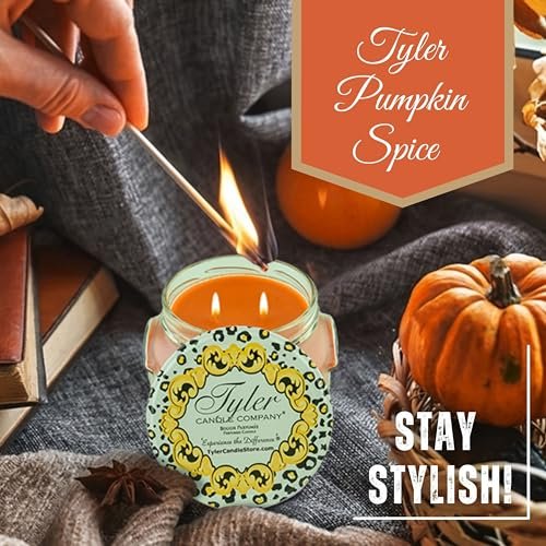 Tyler Pumpkin Spice Scent Jar Candle - Fall Scented Candle with Essential Oils - Long Burning Candles 110-120 hours - Large Candle 22 oz & Multi-Purpose Key Chain