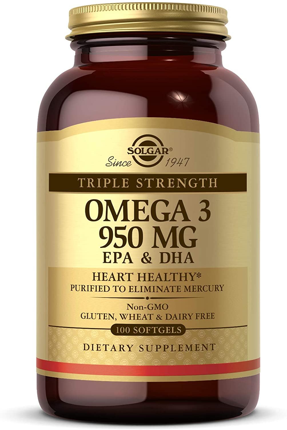 Solgar Triple Strength Omega-3 950 mg, 100 Softgels - Supports Cardiovascular, Joint & Skin Health - Heart Healthy Supplement - Essential Fatty Acids - Non GMO, Gluten Free, Dairy Free - 100 Servings