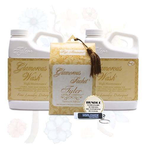 Tyler Candle Company High Maintenance Laundry 3 Pack - 2 Bottles of 16oz Glamorous Wash Laundry Detergent, 1 Pack of 4 Dryer Sheet Sachets & Multi-Purpose Key Chain
