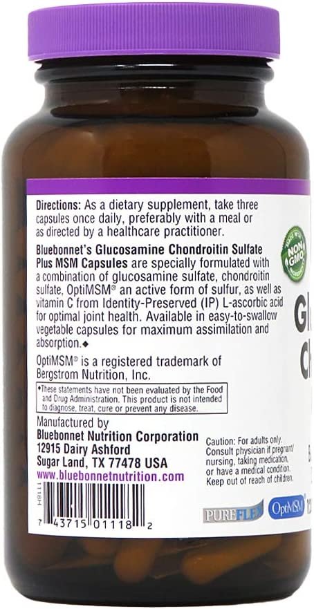 Bluebonnet Nutrition Glucosamine Chondroitin Plus MSM Supplement, Soy-Free, Gluten-Free, Non-GMO, Dairy-Free, 120 Count