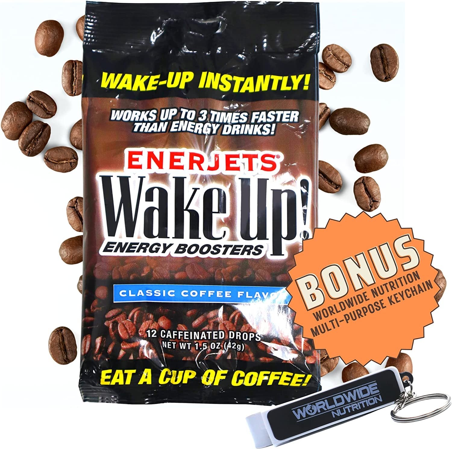 Enerjets Wake Up Energy Booster Caffeinated Drops - Instant Coffee Energy Supplements - Classic Coffee Flavor - Pack of 12, 12 Drops Per Package with Worldwide Nutrition Multi Purpose Key Chain