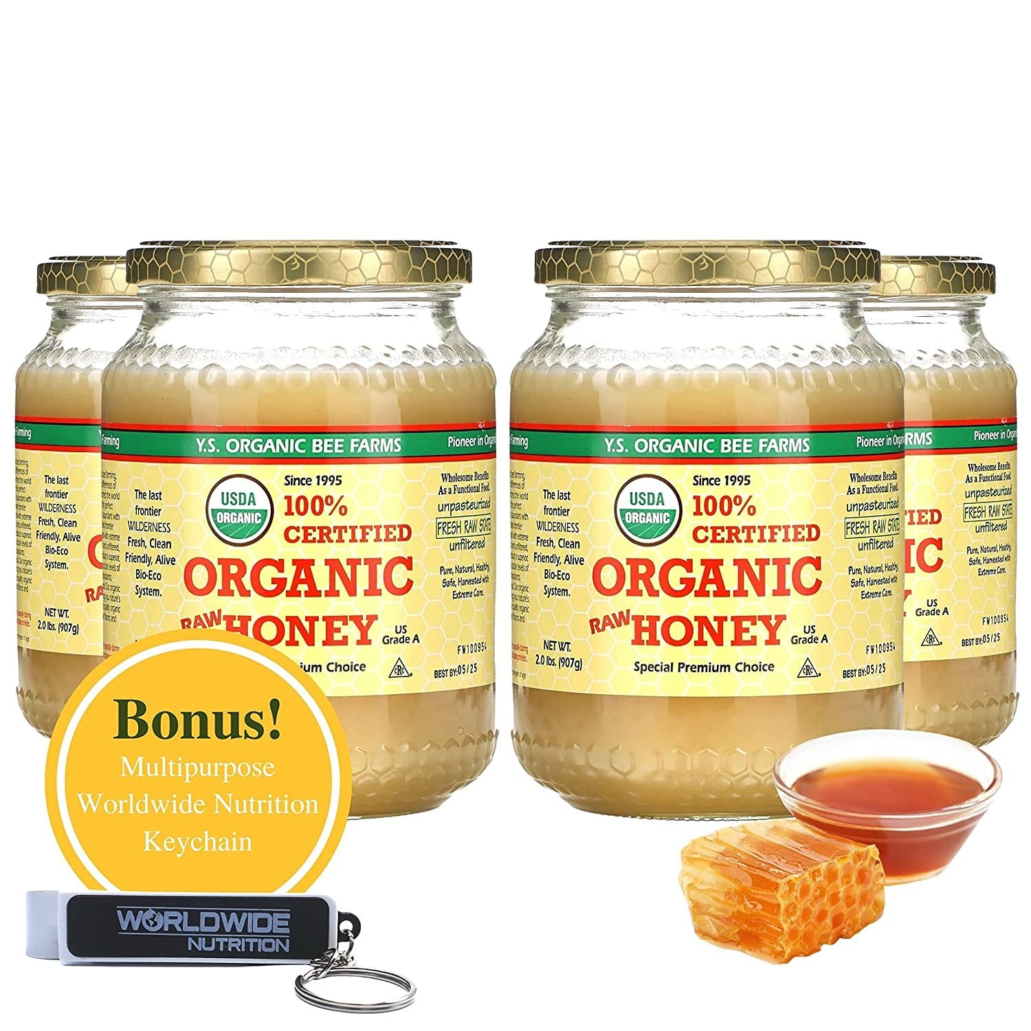 Y.S. Organic Bee Farms, 100% Certified Y.S. Organic Raw Honey, Unpasteurized, Unfiltered, Fresh Raw State, Kosher, Pure, Natural, Healthy, Safe, Gluten Free, Harvested with Extreme Care, 2 Lb (4)