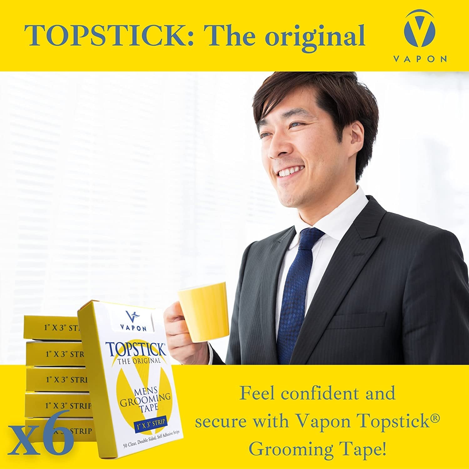 Vapon Topstick - The Original Men's Grooming Tape - 300 Count 6 Boxes - 1" x 3" Double Sided, Self Adhesive, Clear Tape for Toupee and Wig Adhesion - Hypo Allergenic, Waterproof, and Latex Free