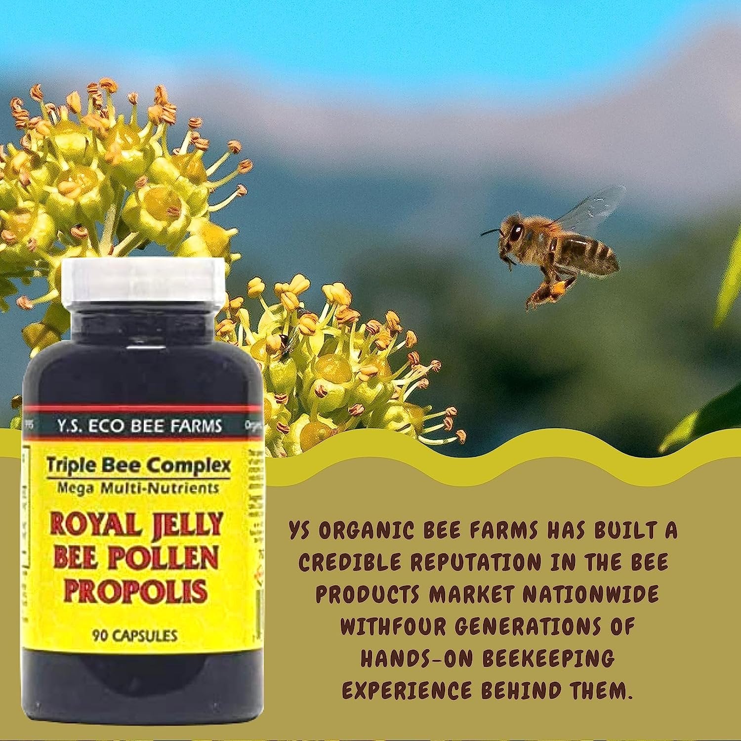 Y.S. Eco Bee Farms Triple Bee Complex Mega Multi-Nutrients - Royal Jelly, Bee Pollen, Propolis - 90 Capsules - with Multi-Purpose Key Chain